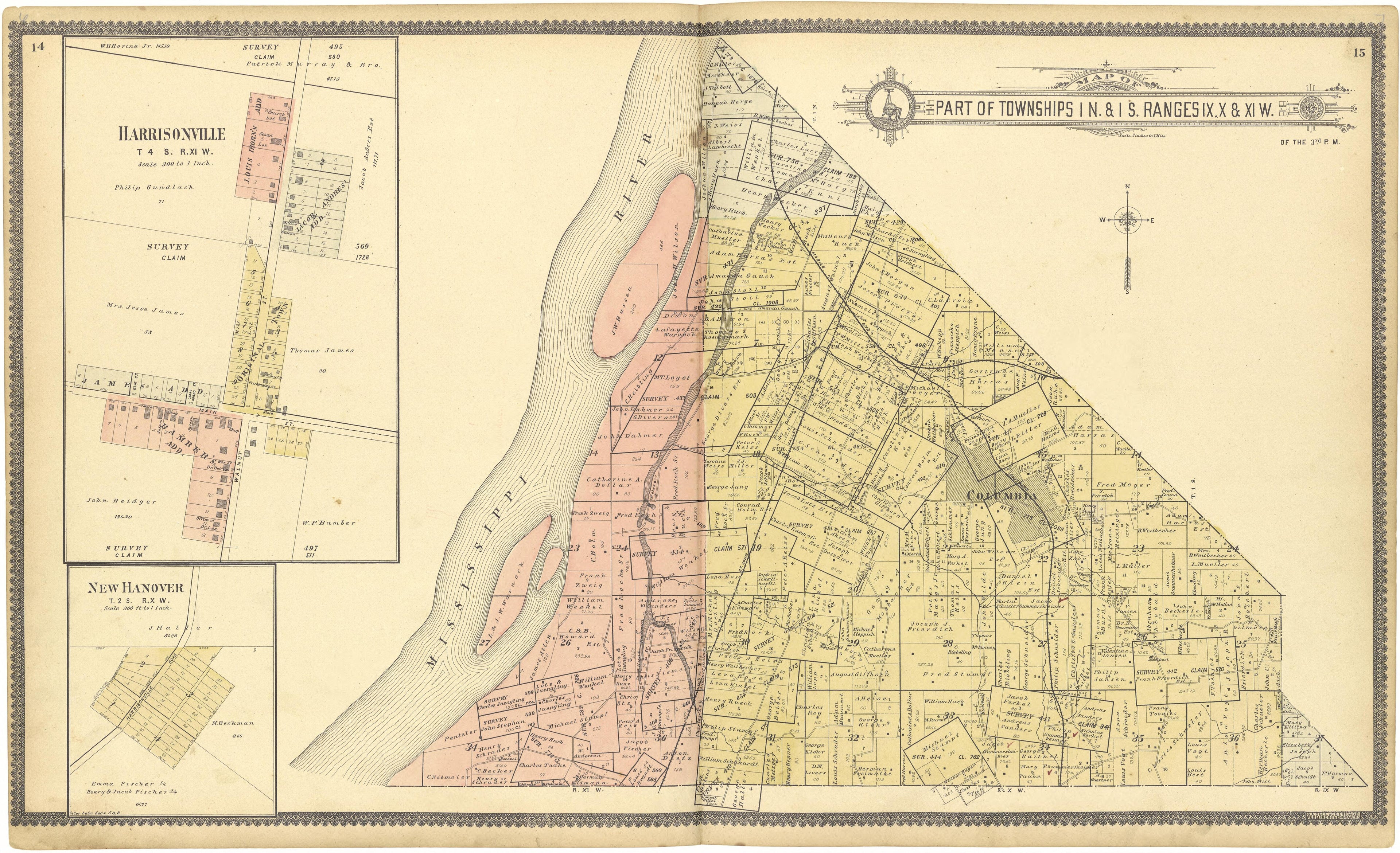 Map of Part of Townships 1 N. &amp; 1 S. Ranges IX, X &amp; XI W. from Standard Atlas of Monroe County, Illinois : Including a Plat Book of the Villages, Cities and Townships of the County, Map of the State, United States and World, Patrons Directory, Referen... by Relic Map Company