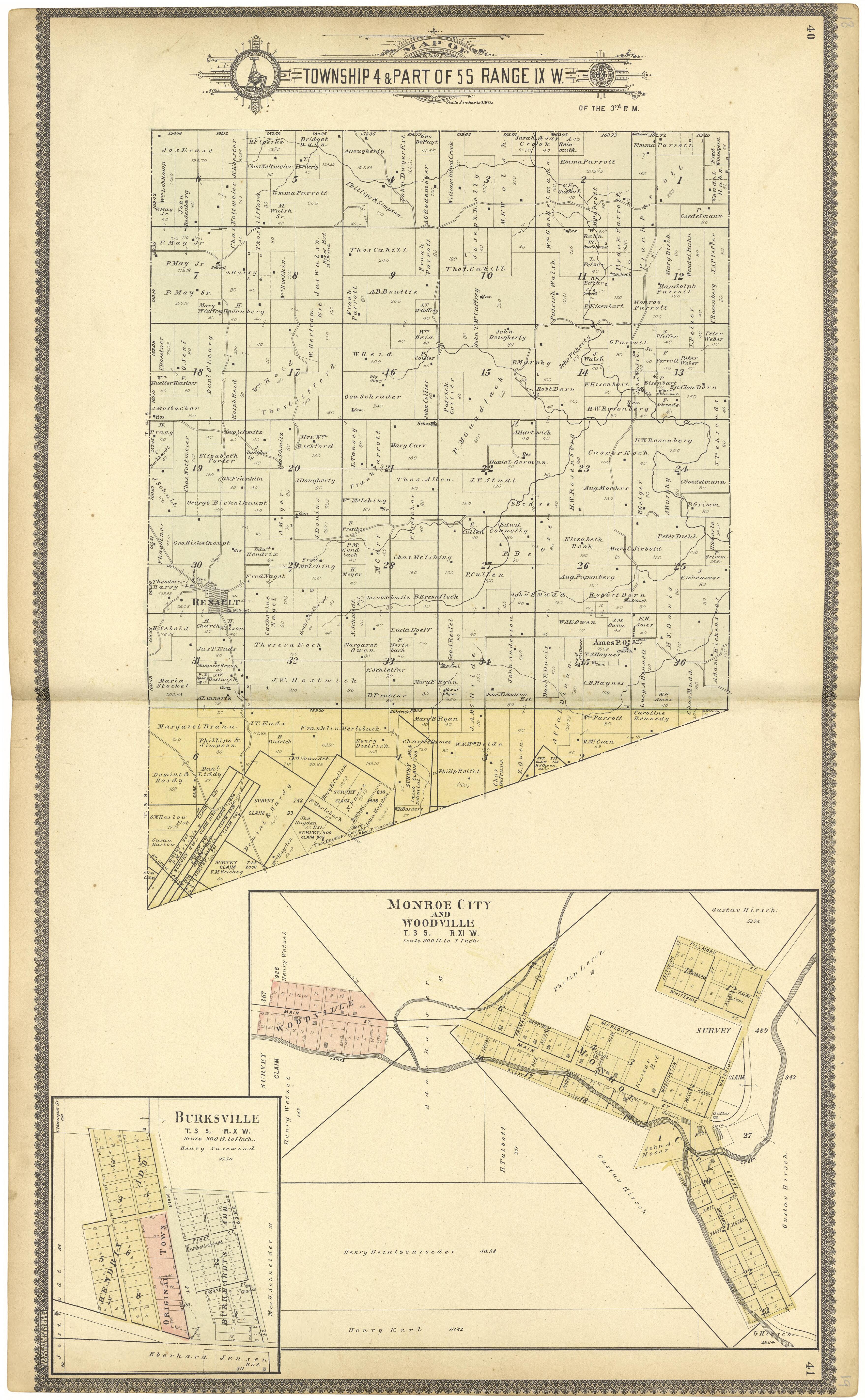 Map of Township 4 &amp; Part of 5 S Range IX W. from Standard Atlas of Monroe County, Illinois : Including a Plat Book of the Villages, Cities and Townships of the County, Map of the State, United States and World, Patrons Directory, Reference Business �... by Relic Map Company