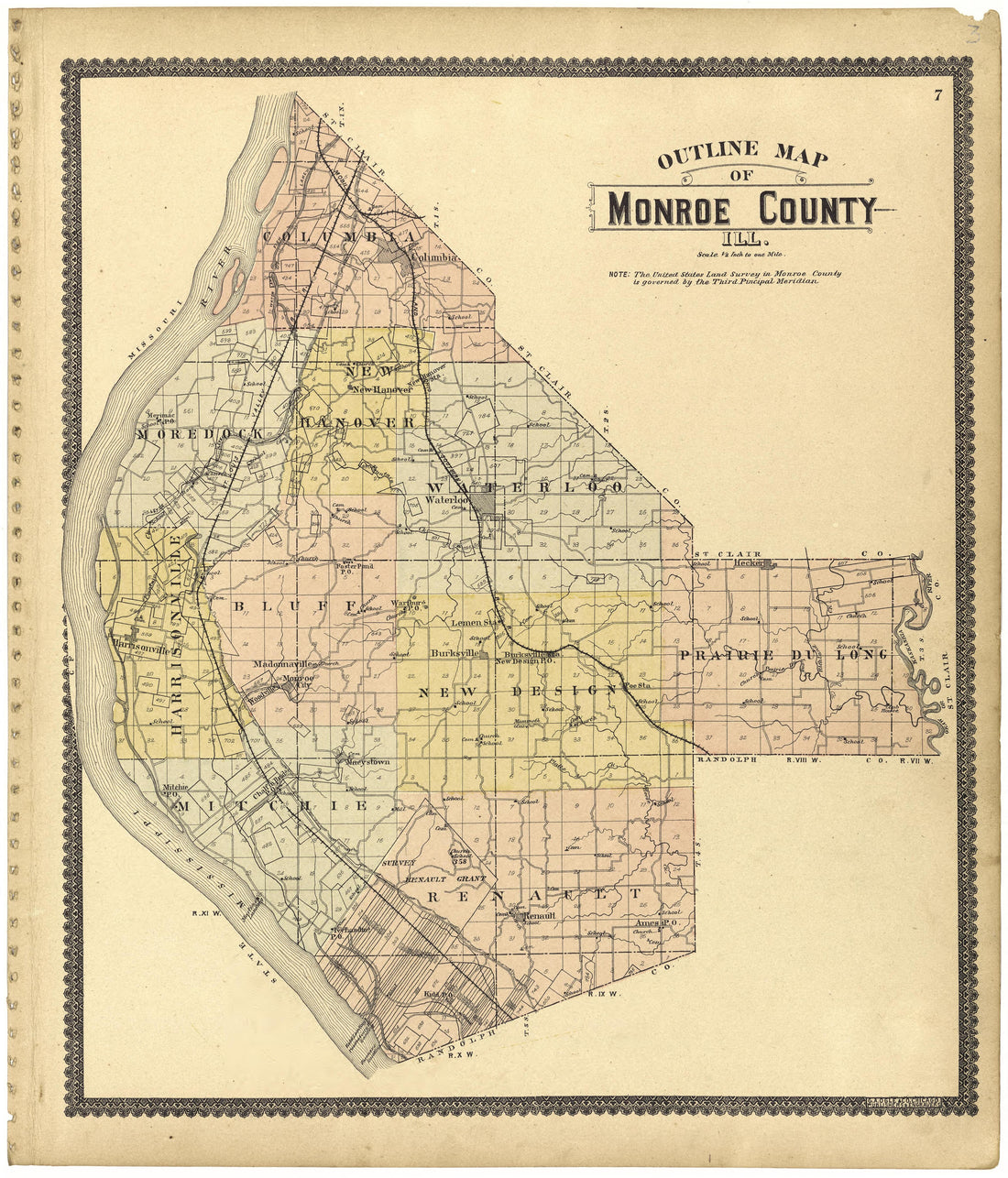 Outline Map of Monroe County, Illinois from Standard Atlas of Monroe County, Illinois : Including a Plat Book of the Villages, Cities and Townships of the County, Map of the State, United States and World, Patrons Directory, Reference Business … 1901 by Relic Map Company