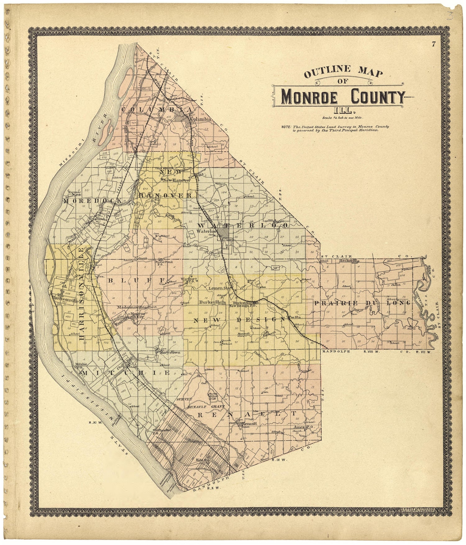 Outline Map of Monroe County, Illinois from Standard Atlas of Monroe County, Illinois : Including a Plat Book of the Villages, Cities and Townships of the County, Map of the State, United States and World, Patrons Directory, Reference Business … 1901 by Relic Map Company