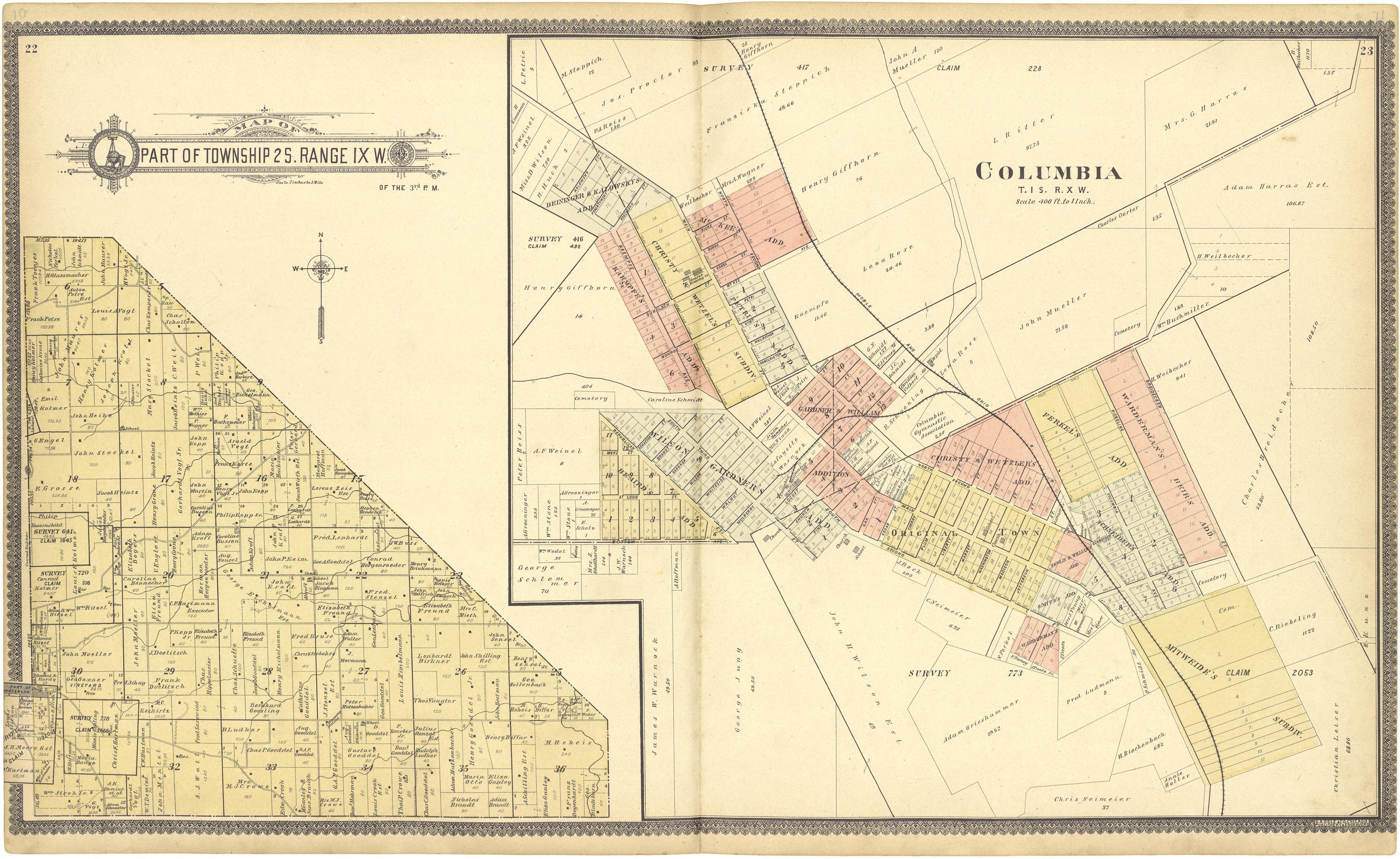 Map of Part of Township 2 S. Range IX W. from Standard Atlas of Monroe County, Illinois : Including a Plat Book of the Villages, Cities and Townships of the County, Map of the State, United States and World, Patrons Directory, Reference Business … 1901 by Relic Map Company