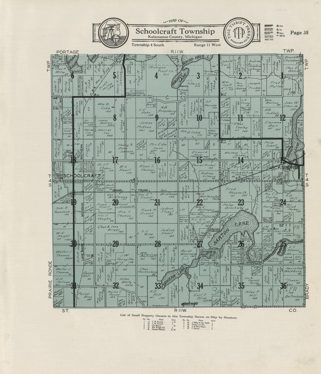 Map of Schoolcraft Township from Plat Book of Kalamazoo County, Michigan : Compiled from Surveys and the Public Records of Kalamazoo County, Michigan 1928 by Relic Map Company