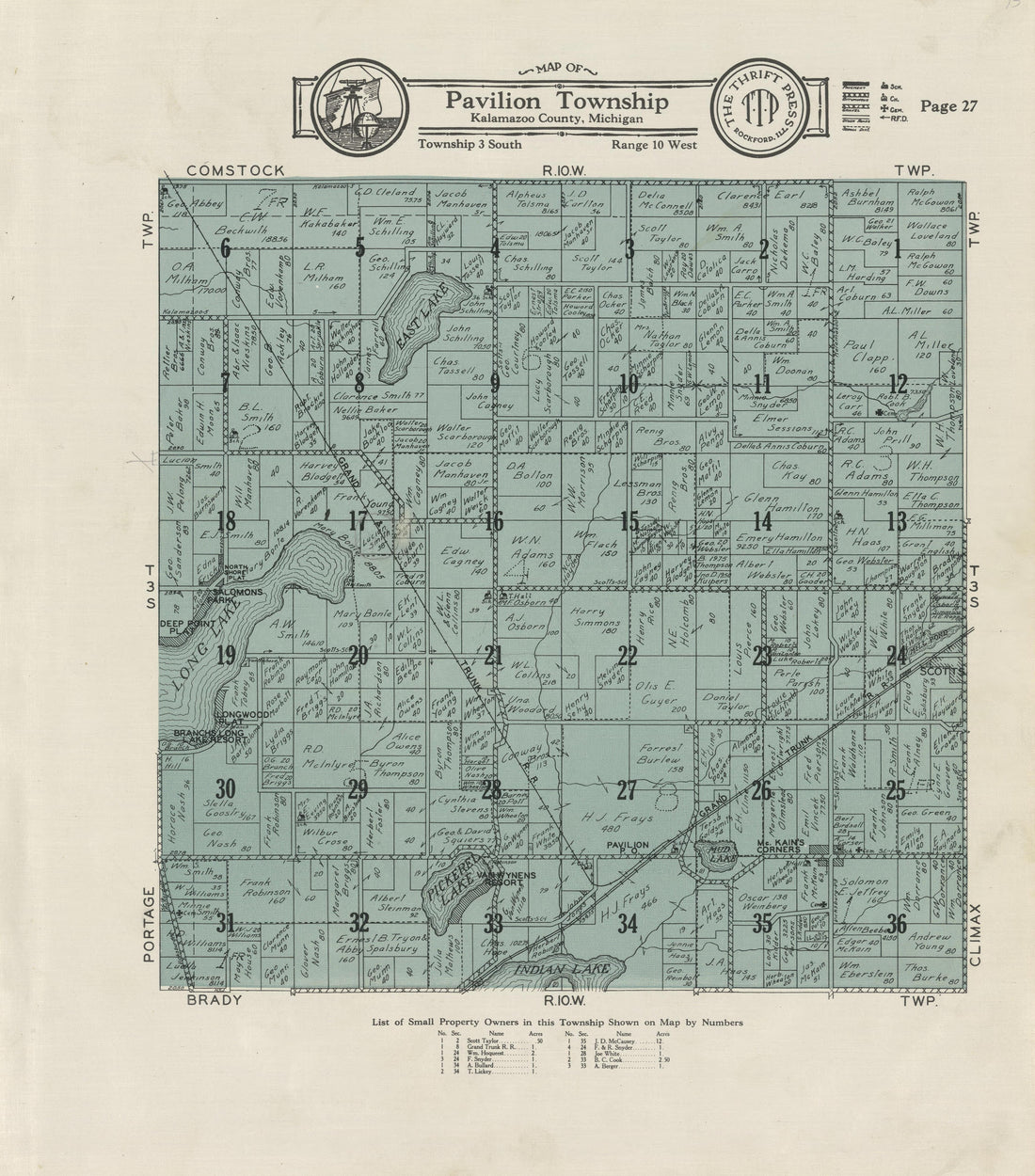 Map of Pavilion Township from Plat Book of Kalamazoo County, Michigan : Compiled from Surveys and the Public Records of Kalamazoo County, Michigan 1928 by Relic Map Company