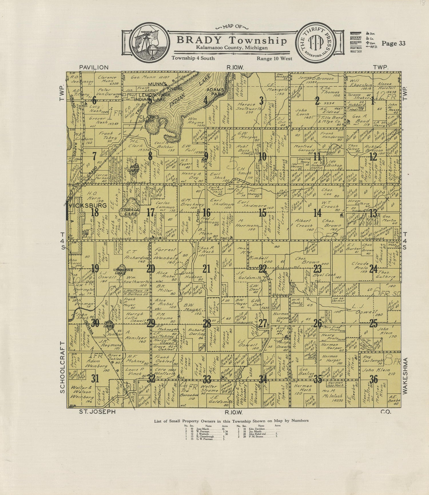 Map of Brady Township from Plat Book of Kalamazoo County, Michigan : Compiled from Surveys and the Public Records of Kalamazoo County, Michigan 1928 by Relic Map Company