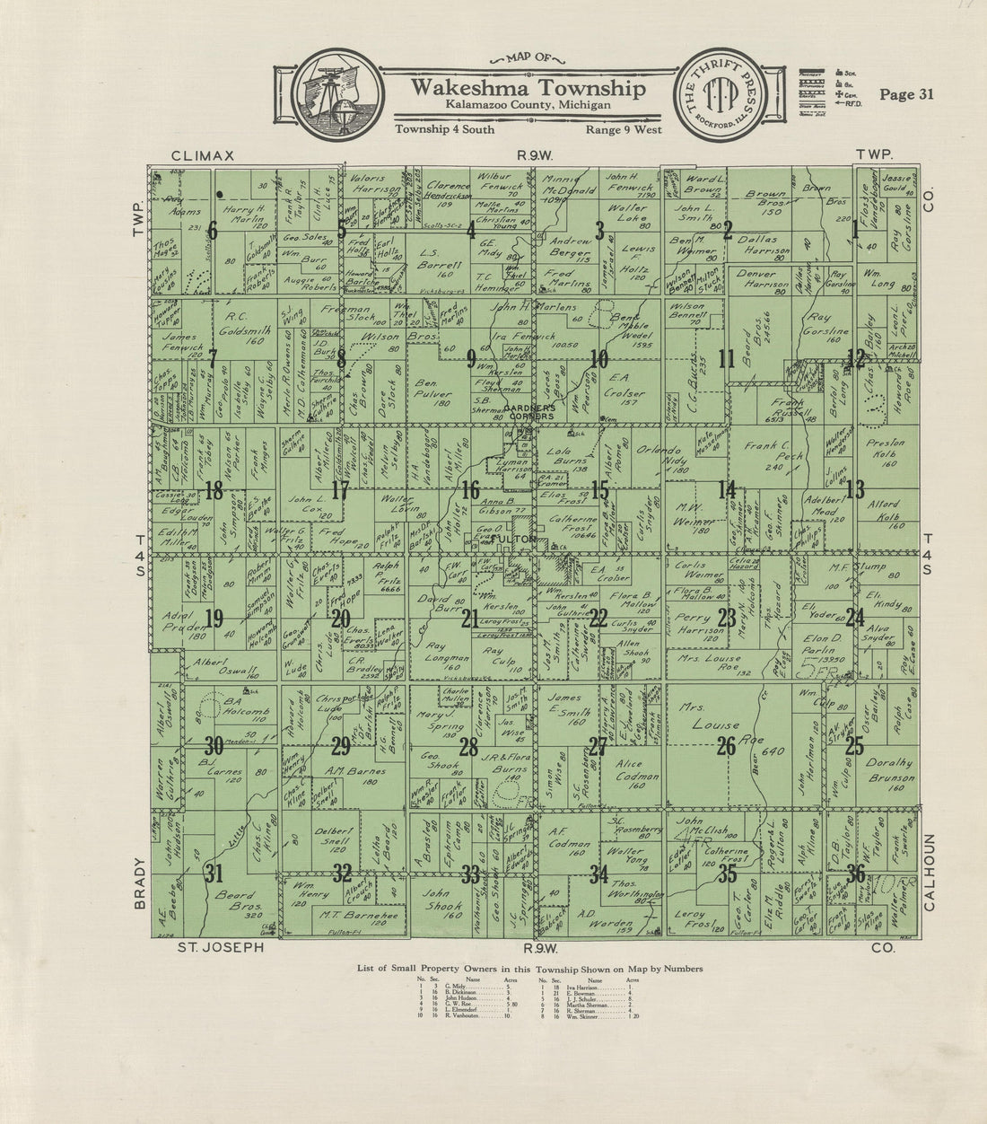 Map of Wakeshma Township from Plat Book of Kalamazoo County, Michigan : Compiled from Surveys and the Public Records of Kalamazoo County, Michigan 1928 by Relic Map Company