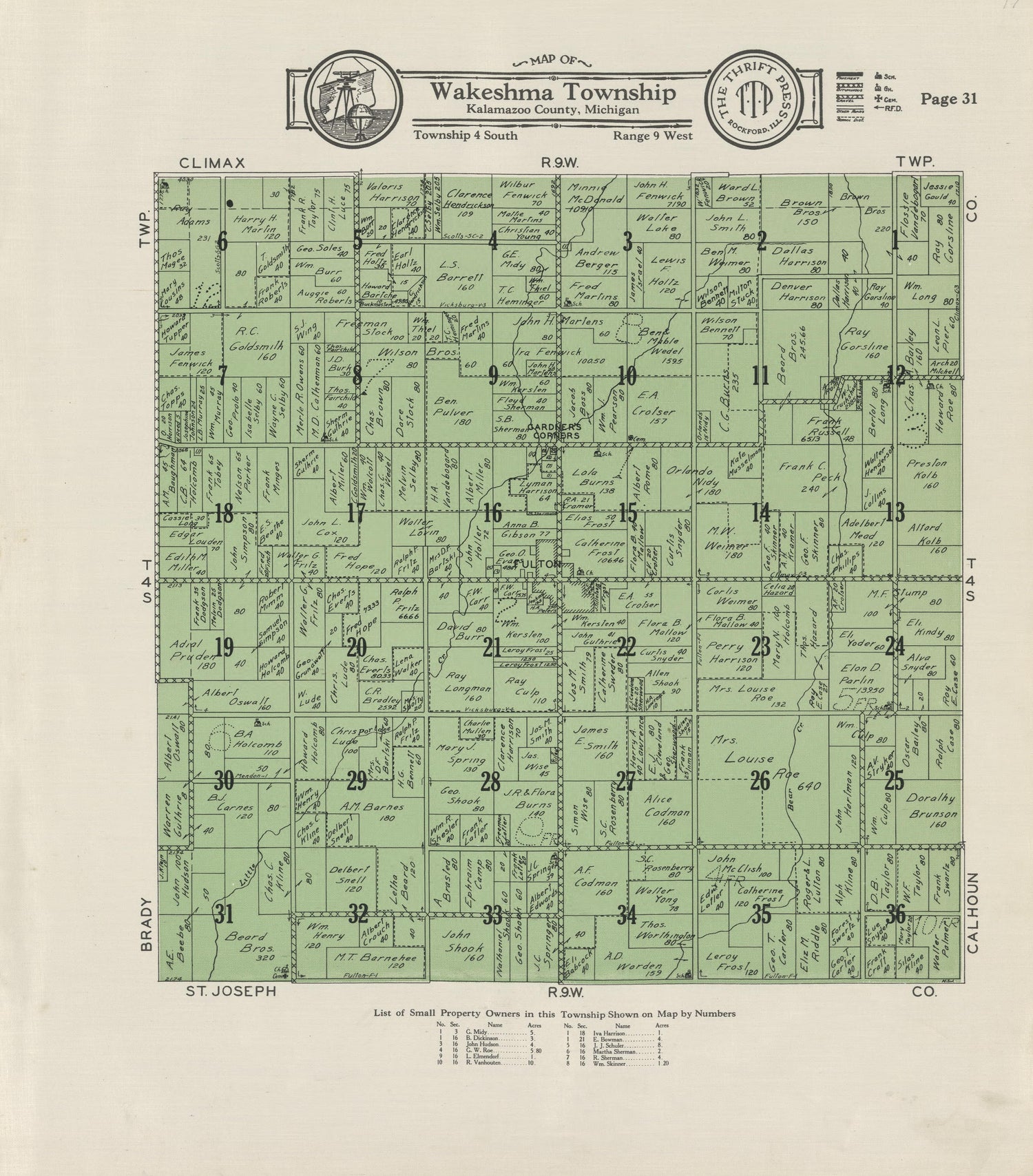 Map of Wakeshma Township from Plat Book of Kalamazoo County, Michigan : Compiled from Surveys and the Public Records of Kalamazoo County, Michigan 1928 by Relic Map Company