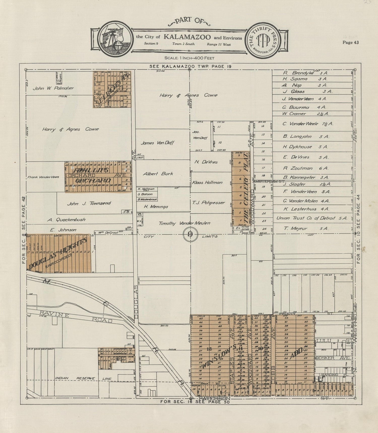 Part of the City of Kalamazoo from Plat Book of Kalamazoo County, Michigan : Compiled from Surveys and the Public Records of Kalamazoo County, Michigan 1928 by Relic Map Company