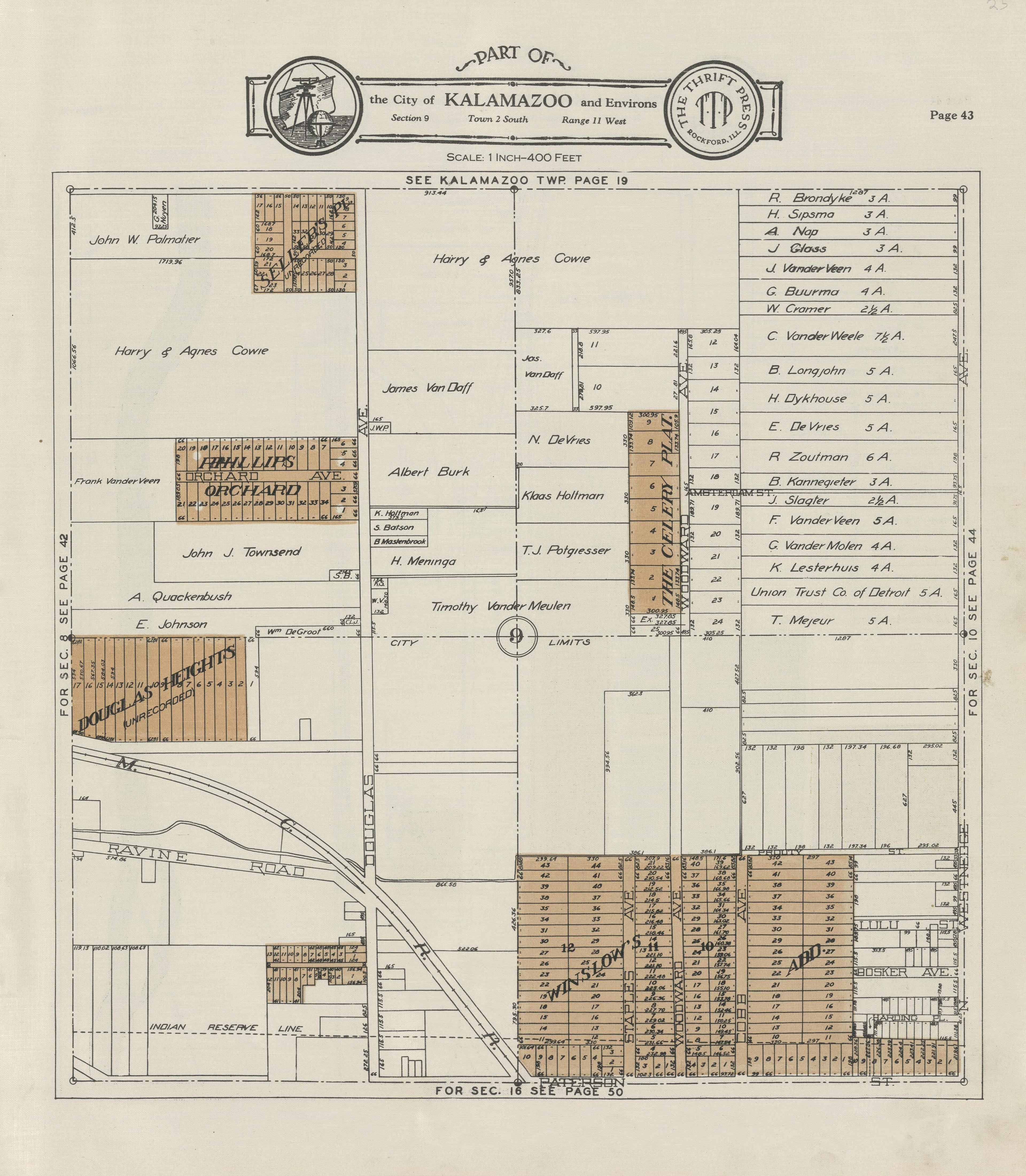 Part of the City of Kalamazoo from Plat Book of Kalamazoo County, Michigan : Compiled from Surveys and the Public Records of Kalamazoo County, Michigan 1928 by Relic Map Company