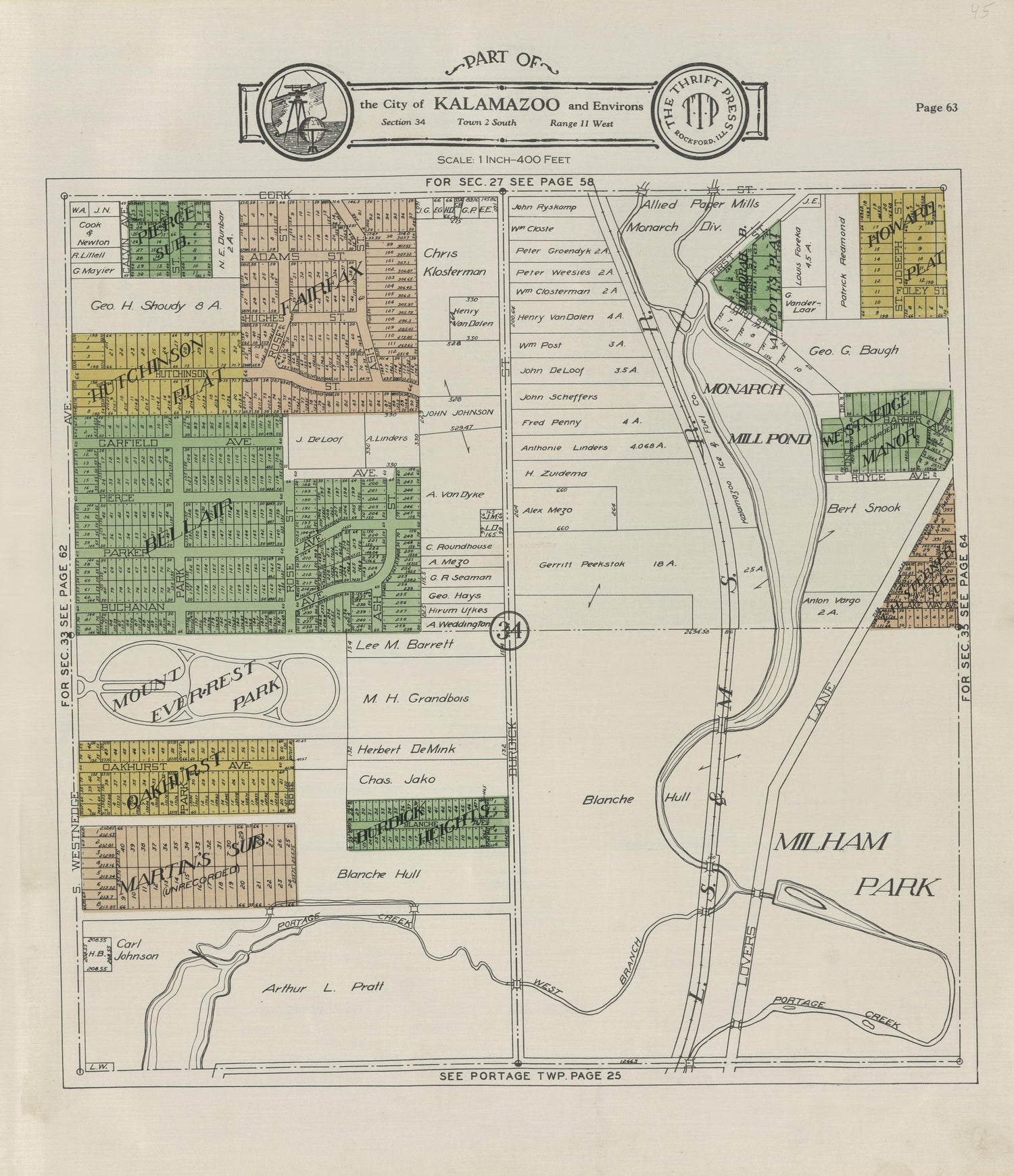 Part of the City of Kalamazoo from Plat Book of Kalamazoo County, Michigan : Compiled from Surveys and the Public Records of Kalamazoo County, Michigan 1928 by Relic Map Company
