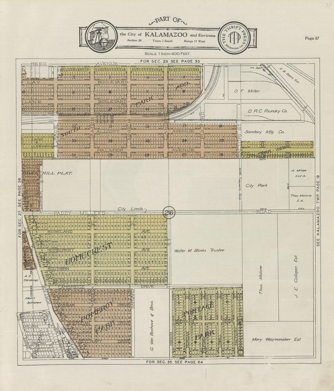 Part of the City of Kalamazoo from Plat Book of Kalamazoo County, Michigan : Compiled from Surveys and the Public Records of Kalamazoo County, Michigan 1928 by Relic Map Company