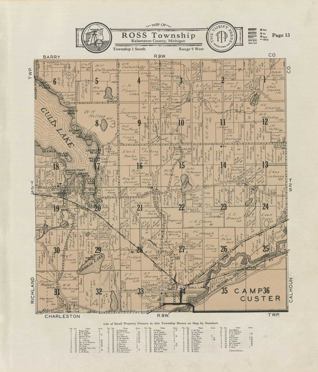 Map of Ross Township from Plat Book of Kalamazoo County, Michigan : Compiled from Surveys and the Public Records of Kalamazoo County, Michigan 1928 by Relic Map Company