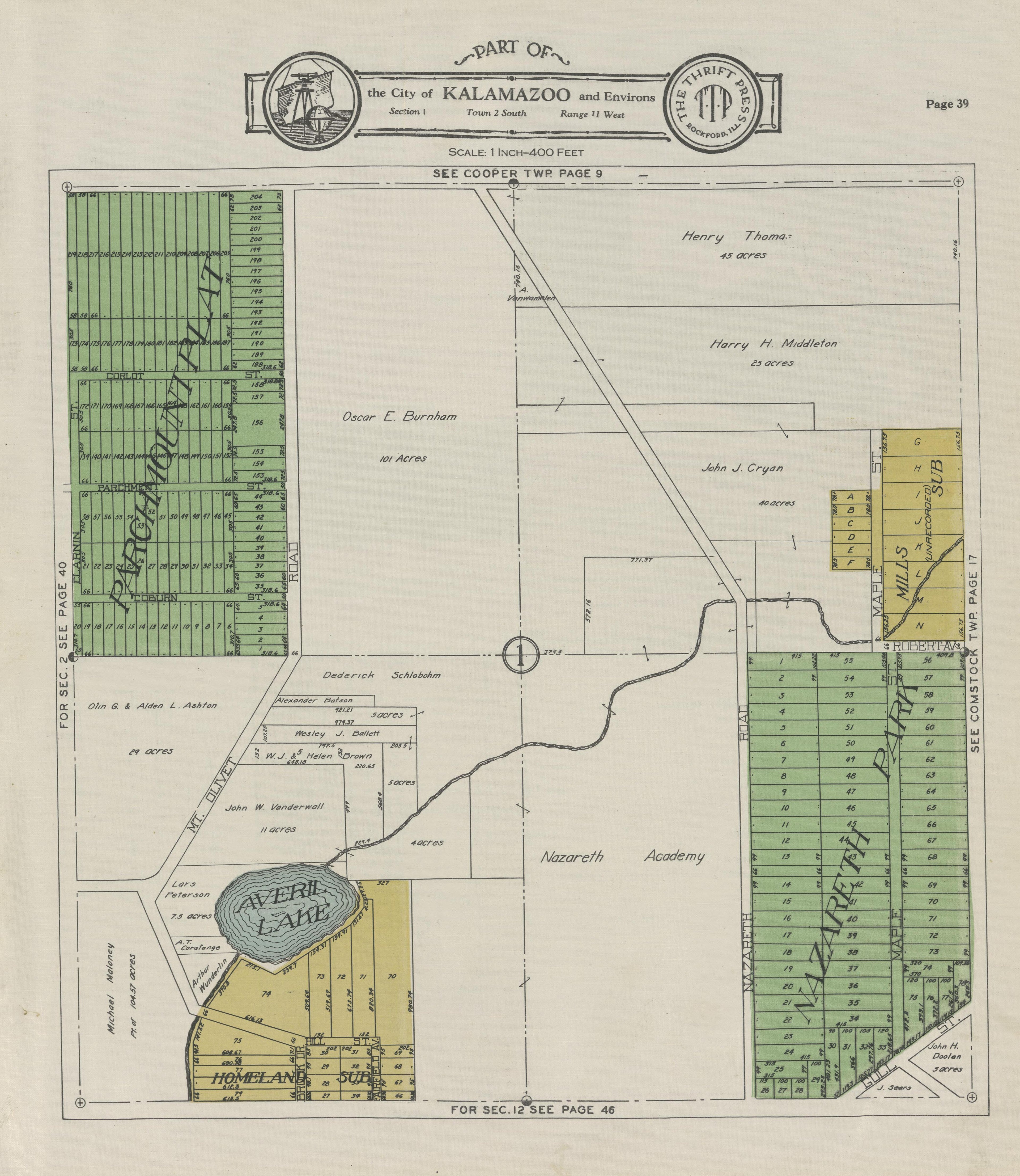 Part of the City of Kalamazoo from Plat Book of Kalamazoo County, Michigan : Compiled from Surveys and the Public Records of Kalamazoo County, Michigan 1928 by Relic Map Company