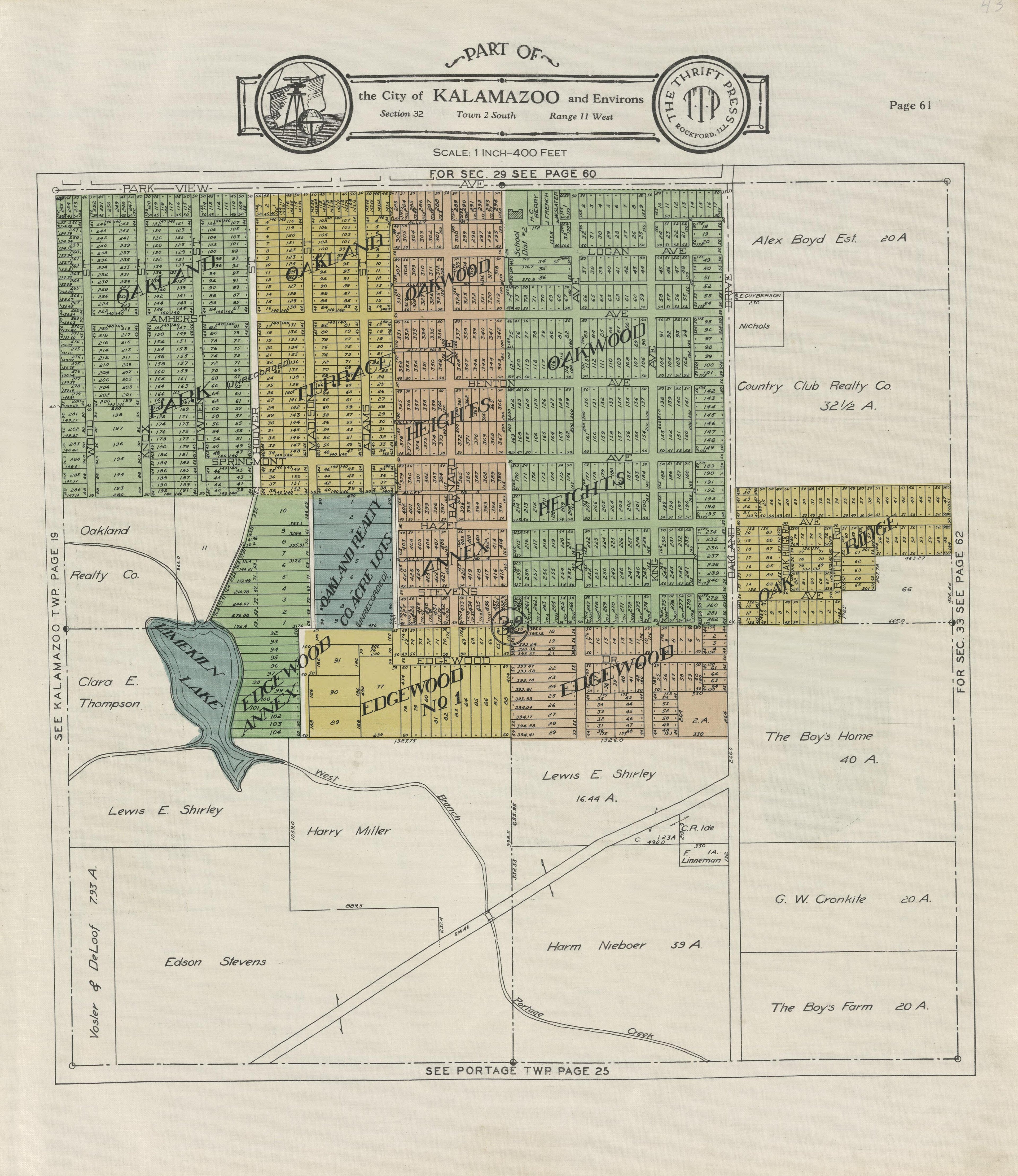Part of the City of Kalamazoo from Plat Book of Kalamazoo County, Michigan : Compiled from Surveys and the Public Records of Kalamazoo County, Michigan 1928 by Relic Map Company