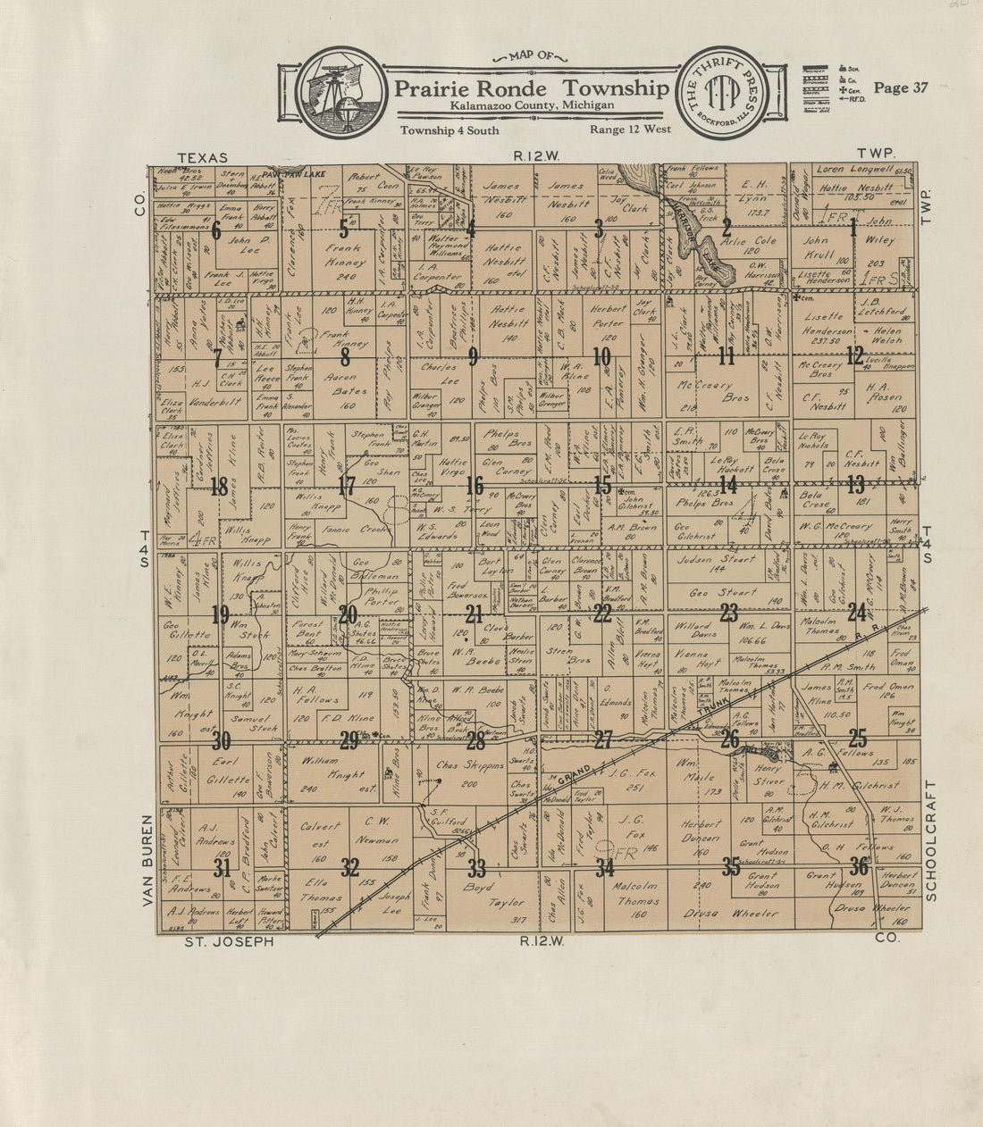 Map of Prairie Ronde Township from Plat Book of Kalamazoo County, Michigan : Compiled from Surveys and the Public Records of Kalamazoo County, Michigan 1928 by Relic Map Company