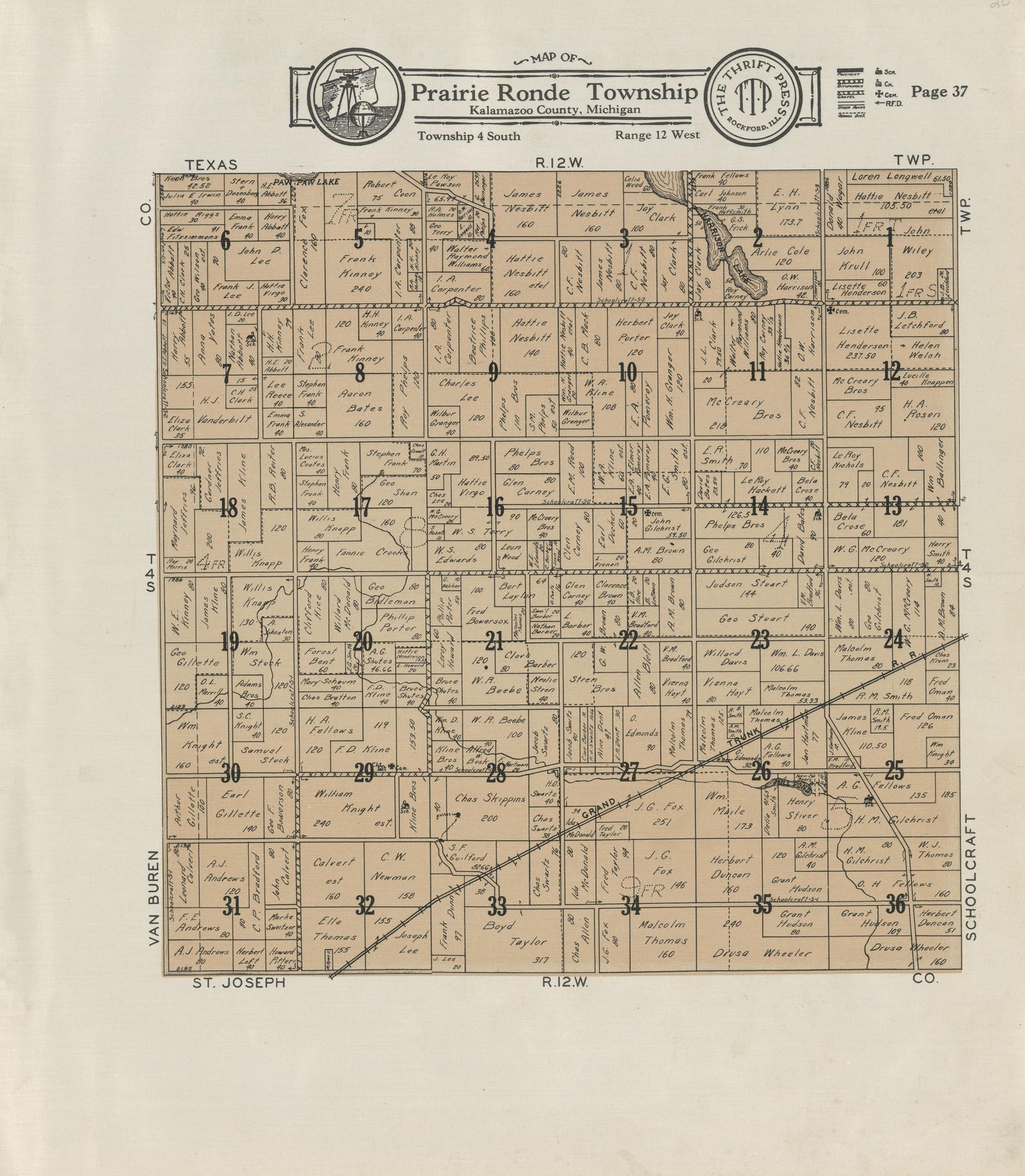 Map of Prairie Ronde Township from Plat Book of Kalamazoo County, Michigan : Compiled from Surveys and the Public Records of Kalamazoo County, Michigan 1928 by Relic Map Company