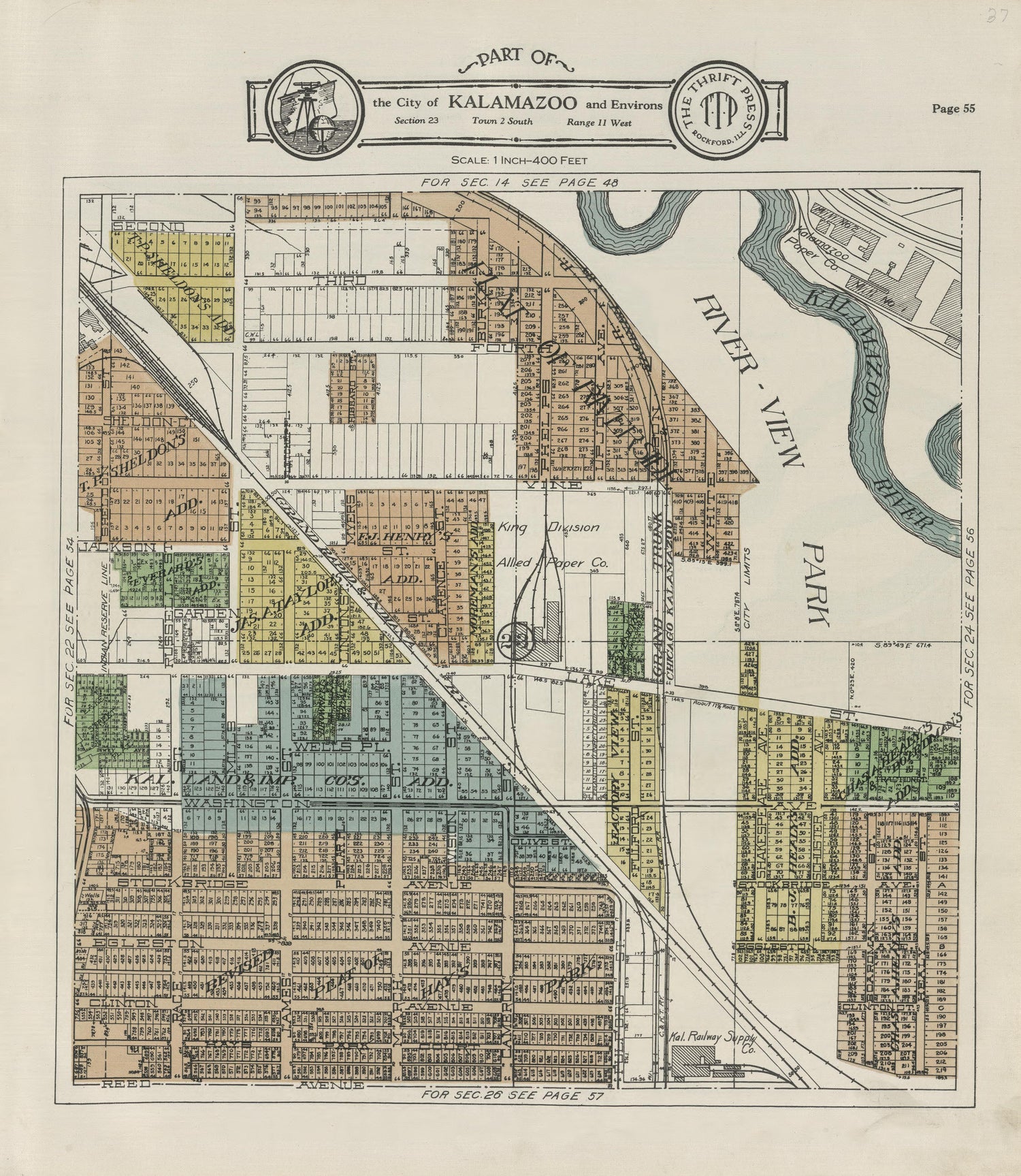 Part of the City of Kalamazoo from Plat Book of Kalamazoo County, Michigan : Compiled from Surveys and the Public Records of Kalamazoo County, Michigan 1928 by Relic Map Company