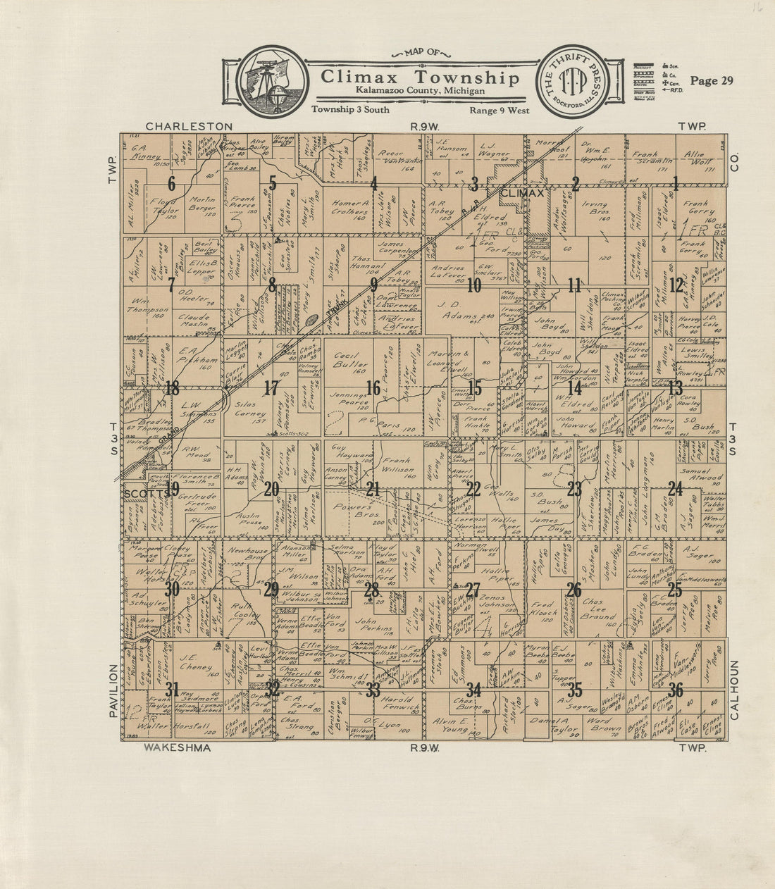 Map of Climax Township from Plat Book of Kalamazoo County, Michigan : Compiled from Surveys and the Public Records of Kalamazoo County, Michigan 1928 by Relic Map Company