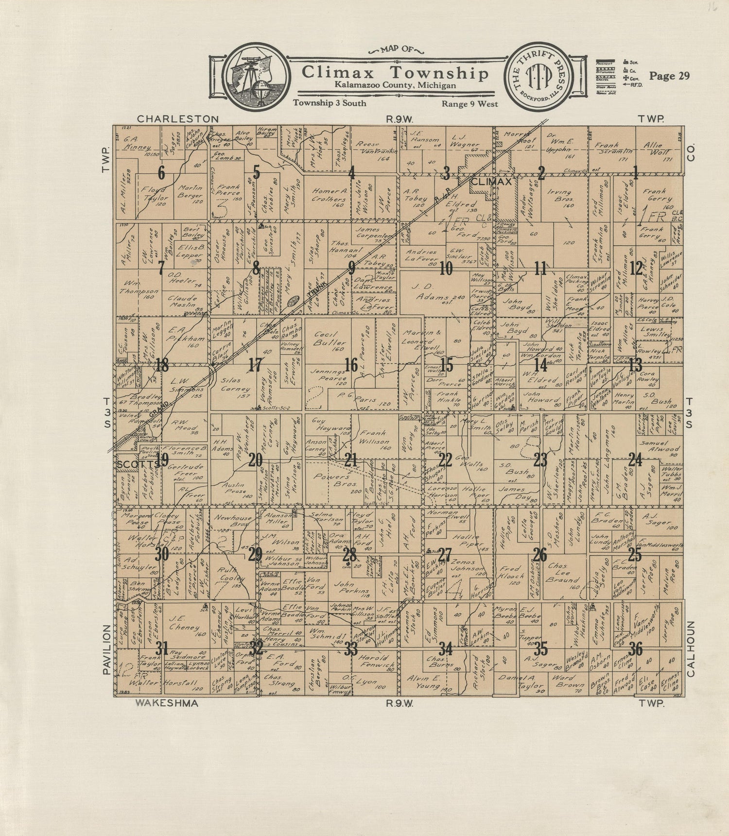 Map of Climax Township from Plat Book of Kalamazoo County, Michigan : Compiled from Surveys and the Public Records of Kalamazoo County, Michigan 1928 by Relic Map Company