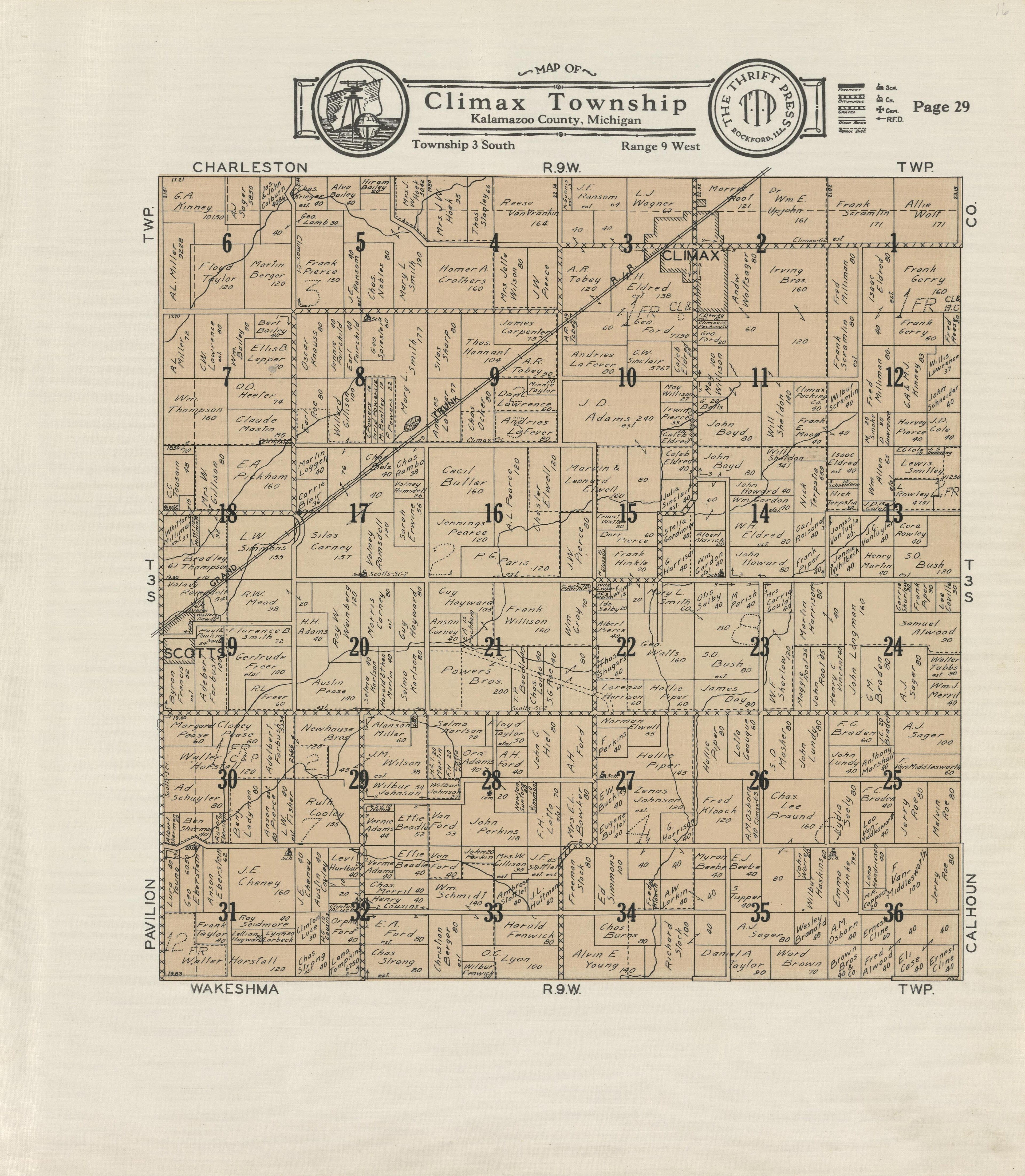 Map of Climax Township from Plat Book of Kalamazoo County, Michigan : Compiled from Surveys and the Public Records of Kalamazoo County, Michigan 1928 by Relic Map Company