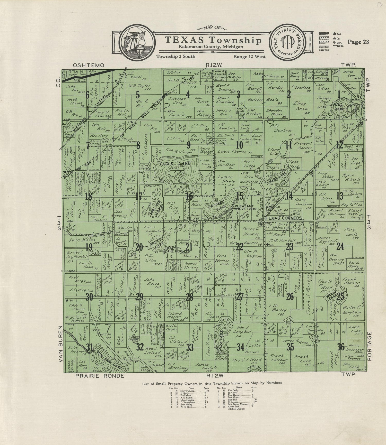 Map of Texas Township from Plat Book of Kalamazoo County, Michigan : Compiled from Surveys and the Public Records of Kalamazoo County, Michigan 1928 by Relic Map Company