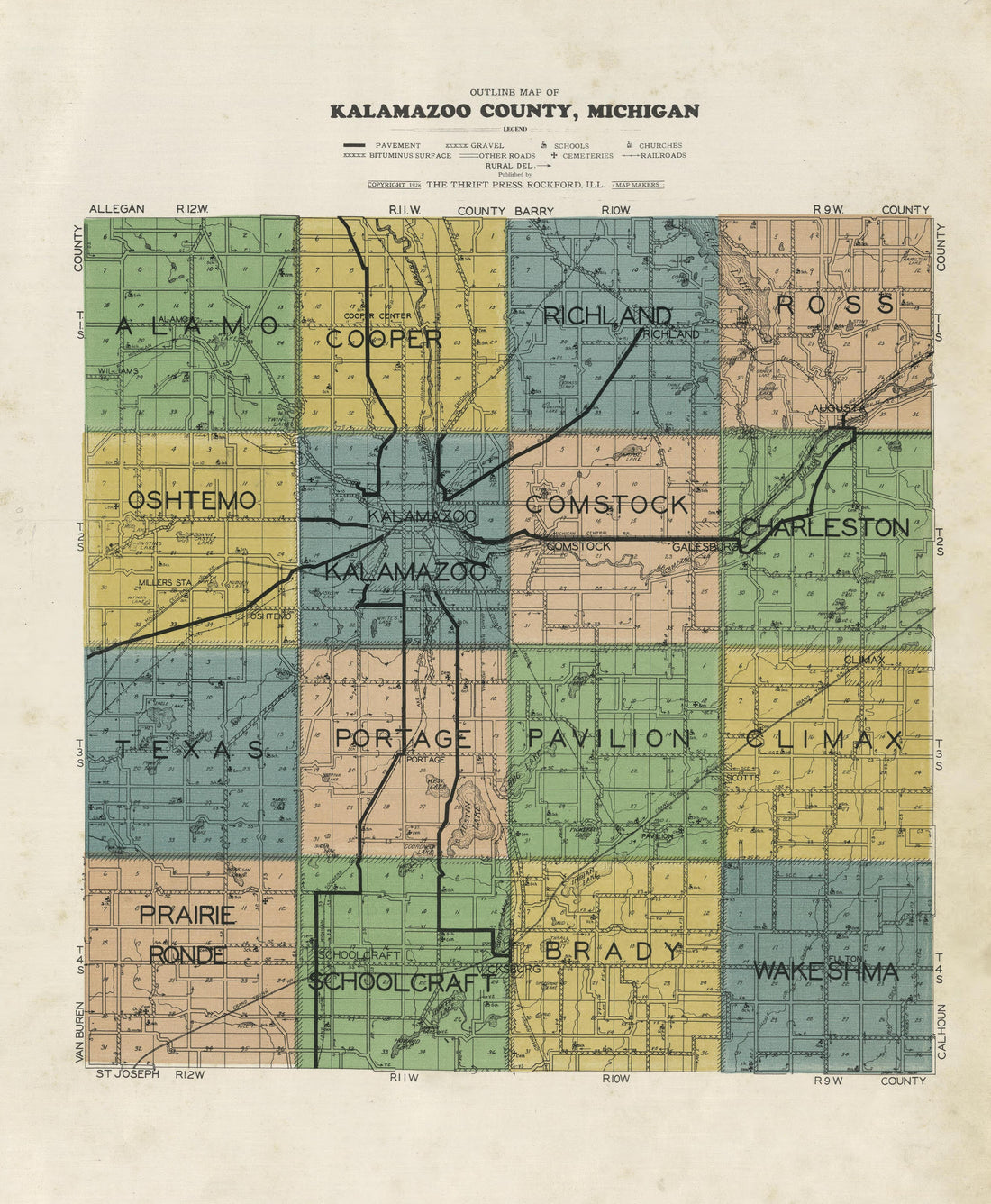 Outline Map of Kalamazoo County, Michigan from Plat Book of Kalamazoo County, Michigan : Compiled from Surveys and the Public Records of Kalamazoo County, Michigan 1928 by Relic Map Company