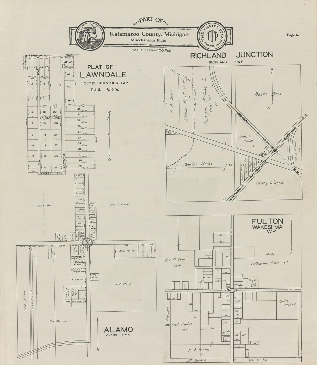 Part of Kalamazoo County; Lawndale, Richland Junction, Fulton, and Alamo from Plat Book of Kalamazoo County, Michigan : Compiled from Surveys and the Public Records of Kalamazoo County, Michigan 1928 by Relic Map Company