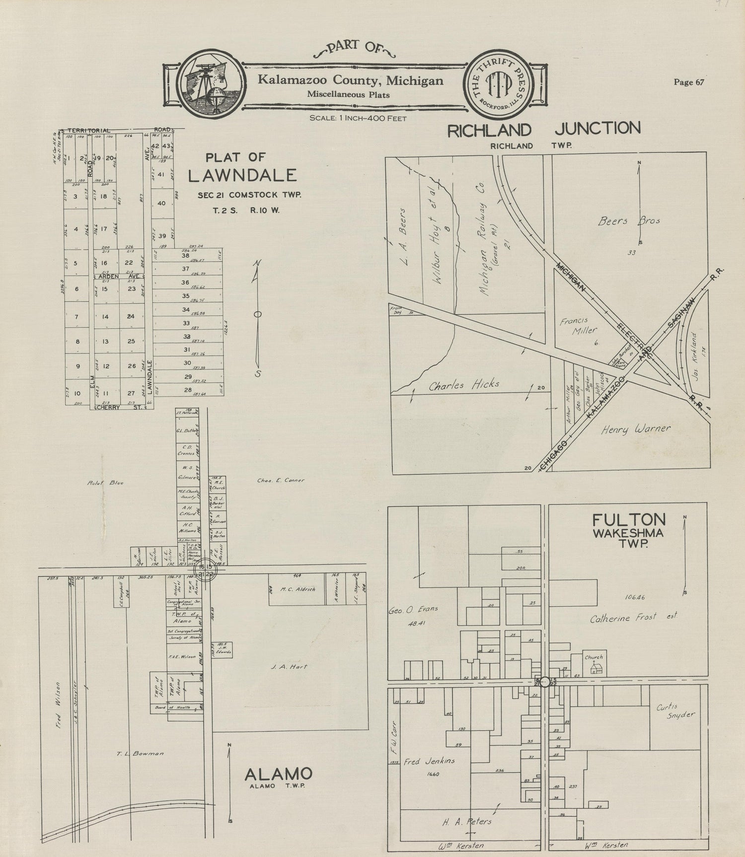 Part of Kalamazoo County; Lawndale, Richland Junction, Fulton, and Alamo from Plat Book of Kalamazoo County, Michigan : Compiled from Surveys and the Public Records of Kalamazoo County, Michigan 1928 by Relic Map Company