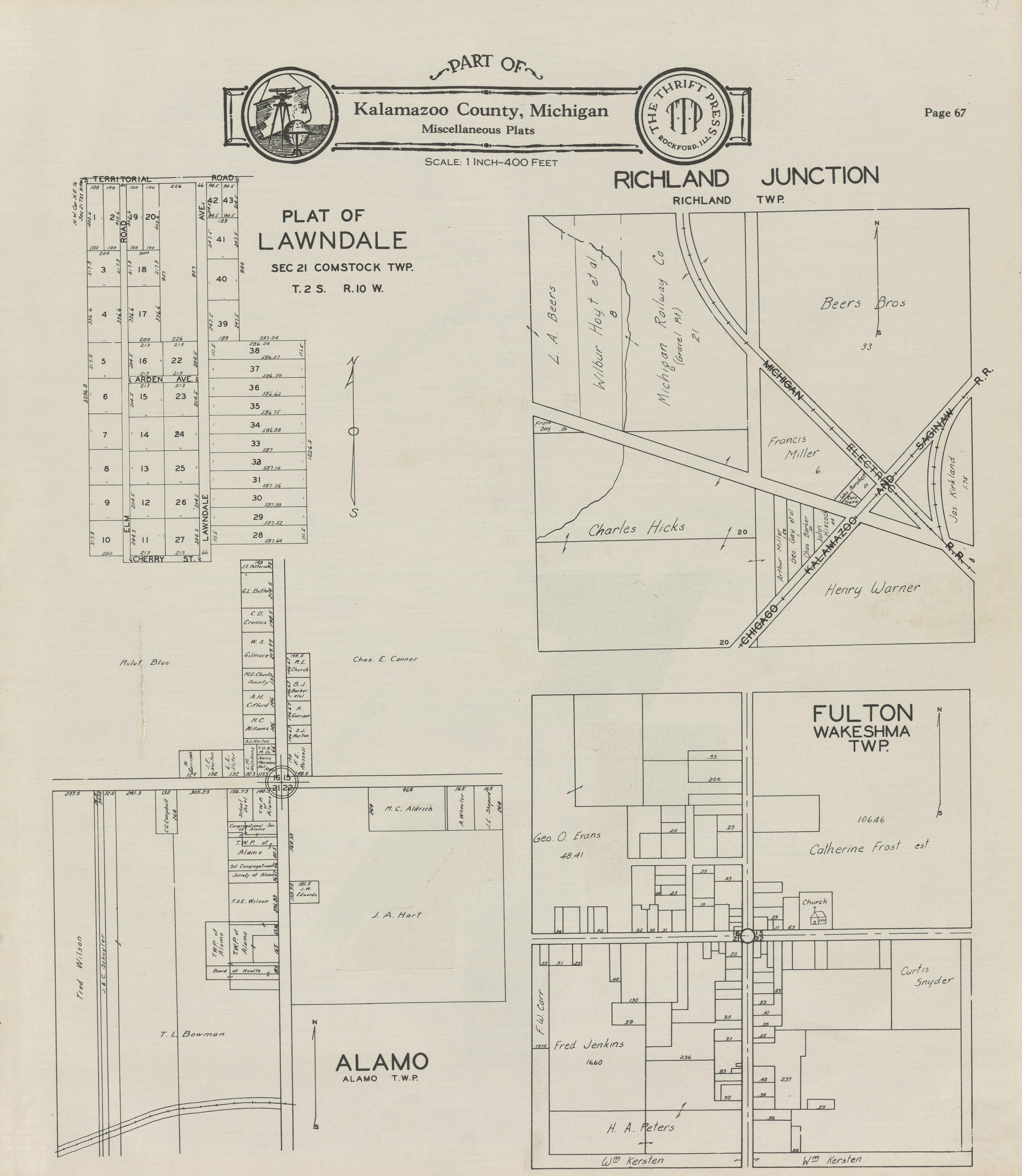 Part of Kalamazoo County; Lawndale, Richland Junction, Fulton, and Alamo from Plat Book of Kalamazoo County, Michigan : Compiled from Surveys and the Public Records of Kalamazoo County, Michigan 1928 by Relic Map Company