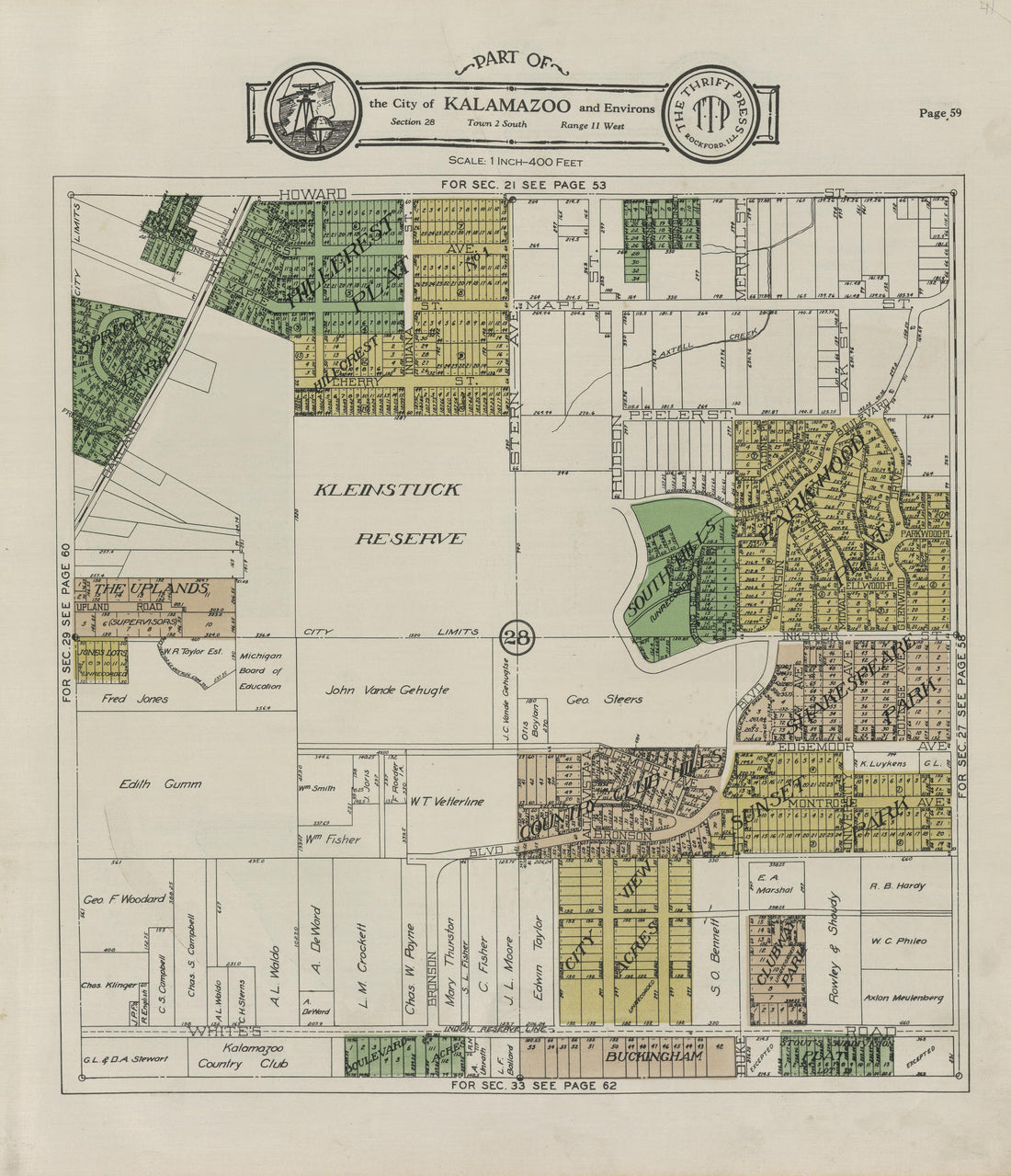 Part of the City of Kalamazoo from Plat Book of Kalamazoo County, Michigan : Compiled from Surveys and the Public Records of Kalamazoo County, Michigan 1928 by Relic Map Company