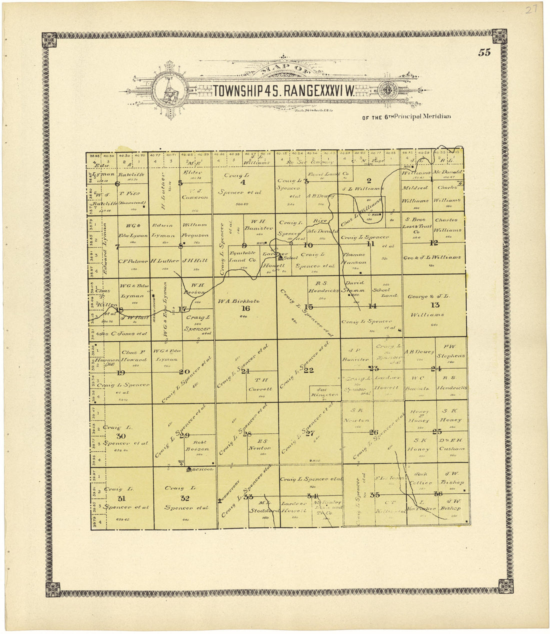 Map of Township 4 S. Range XXXVI W. from Standard Atlas of Rawlins County, Kansas : Including a Plat Book of the Villages, Cities and Townships of the County, Map of the State, United States and World, Patrons Directory, Reference Business … 1906 by Relic Map Company