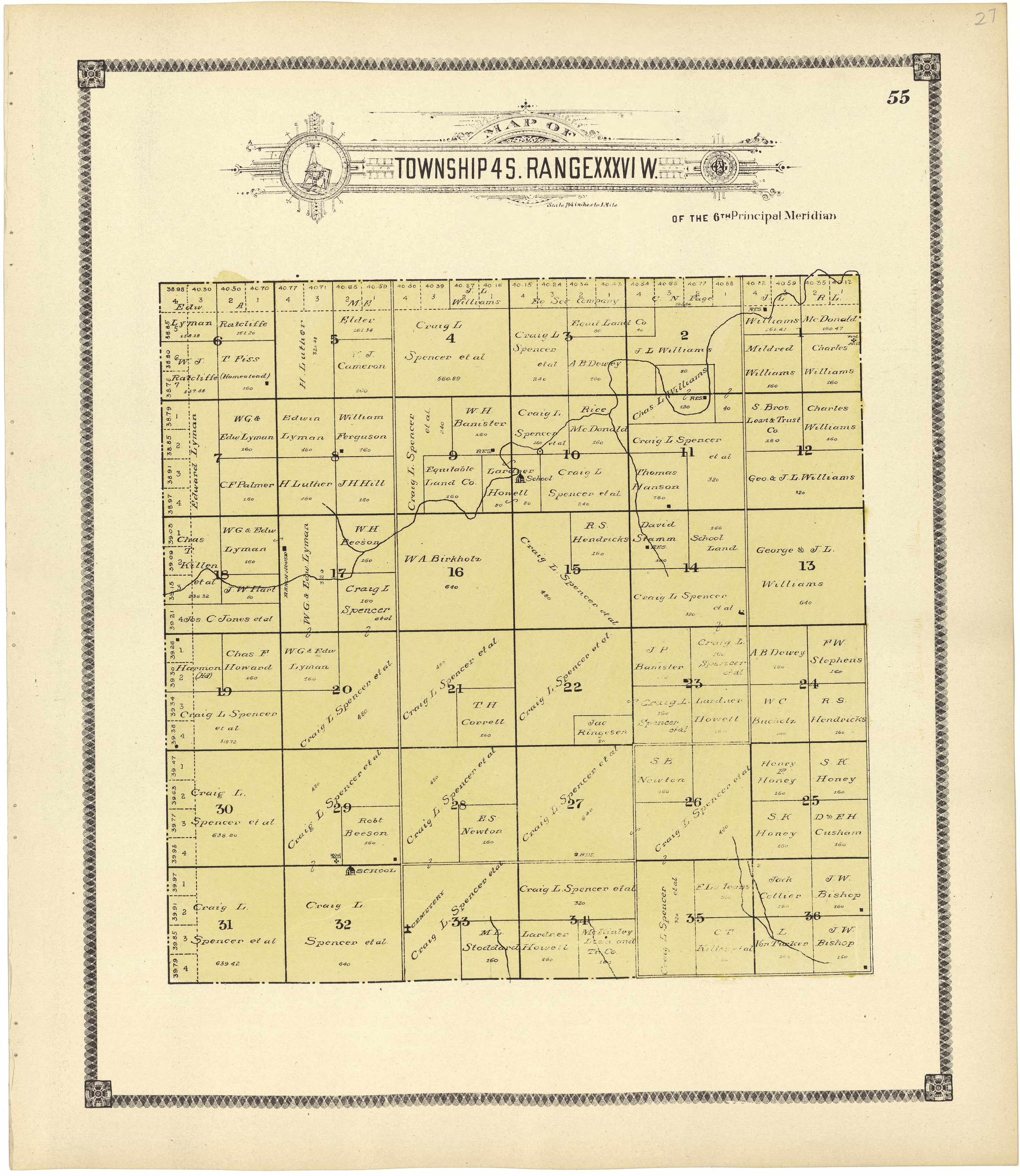 Map of Township 4 S. Range XXXVI W. from Standard Atlas of Rawlins County, Kansas : Including a Plat Book of the Villages, Cities and Townships of the County, Map of the State, United States and World, Patrons Directory, Reference Business … 1906 by Relic Map Company