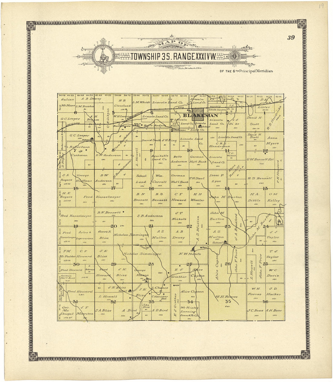 Map of Township 3 S. Range XXXIV W. from Standard Atlas of Rawlins County, Kansas : Including a Plat Book of the Villages, Cities and Townships of the County, Map of the State, United States and World, Patrons Directory, Reference Business … 1906 by Relic Map Company