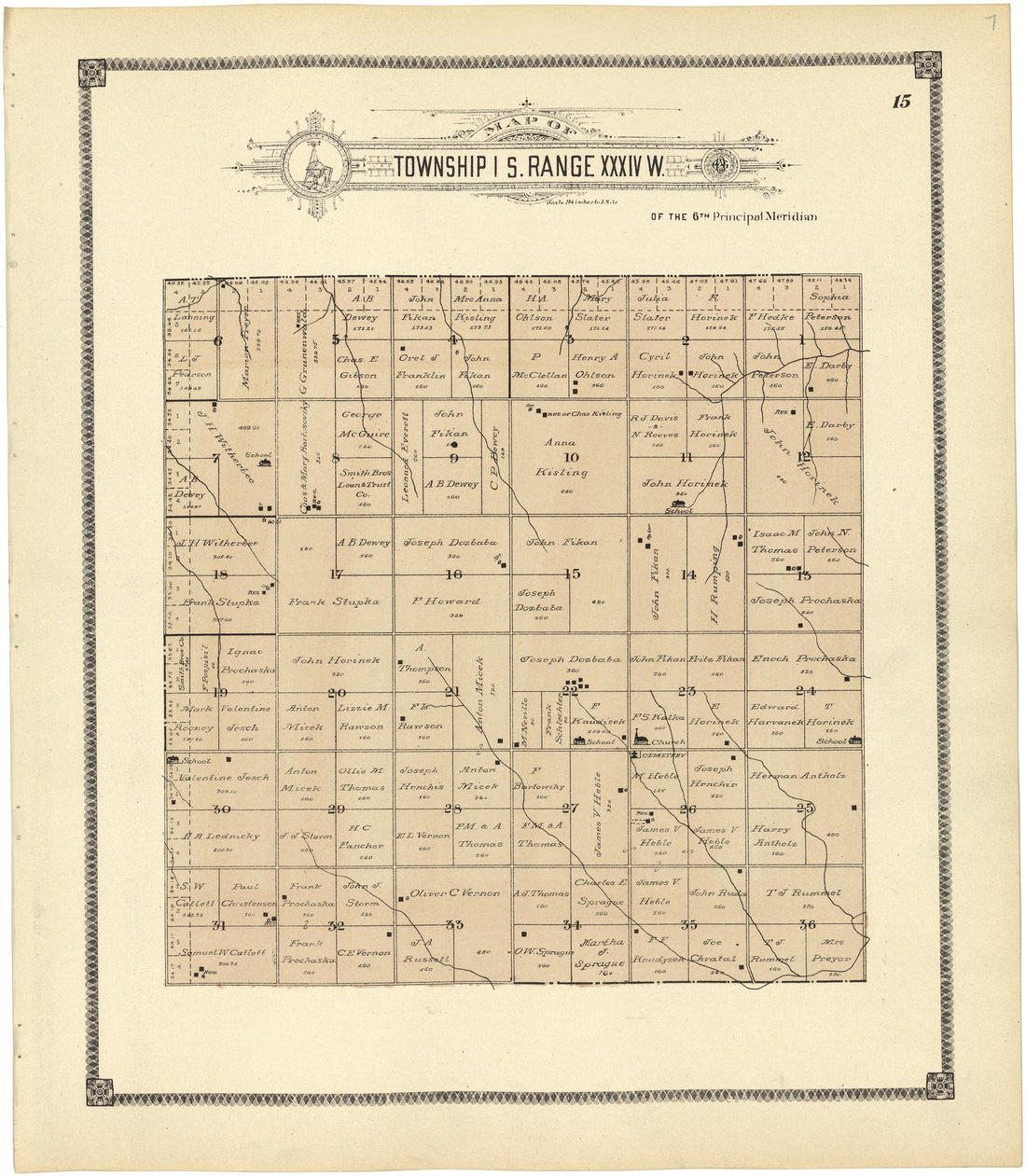 Map of Township 1 S. Range XXXIV W. from Standard Atlas of Rawlins County, Kansas : Including a Plat Book of the Villages, Cities and Townships of the County, Map of the State, United States and World, Patrons Directory, Reference Business … 1906 by Relic Map Company