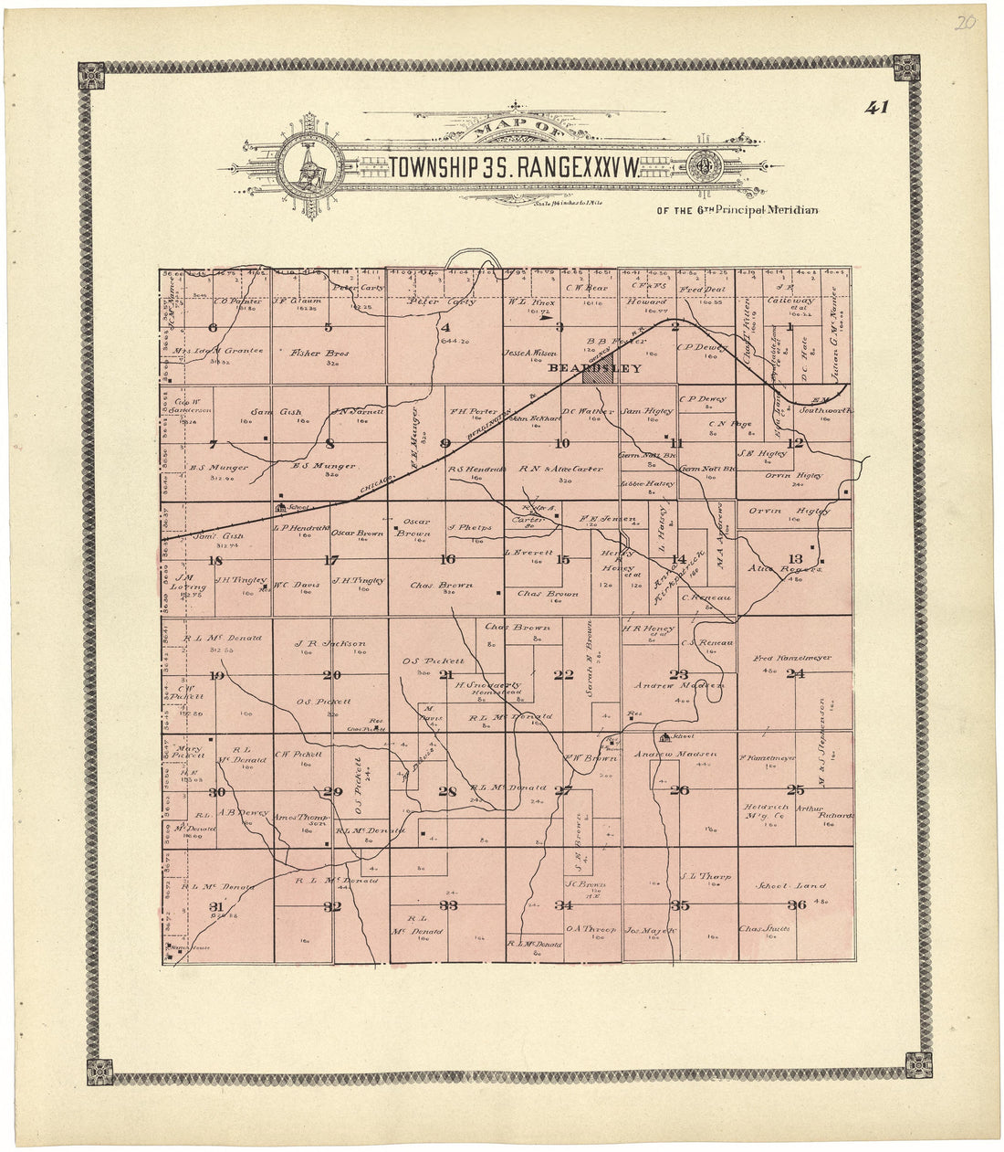 Map of Township 3 S. Range XXXV W. from Standard Atlas of Rawlins County, Kansas : Including a Plat Book of the Villages, Cities and Townships of the County, Map of the State, United States and World, Patrons Directory, Reference Business … 1906 by Relic Map Company