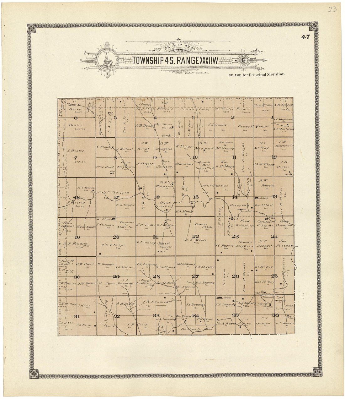 Map of Township 4 S. Range XXXII W. from Standard Atlas of Rawlins County, Kansas : Including a Plat Book of the Villages, Cities and Townships of the County, Map of the State, United States and World, Patrons Directory, Reference Business … 1906 by Relic Map Company