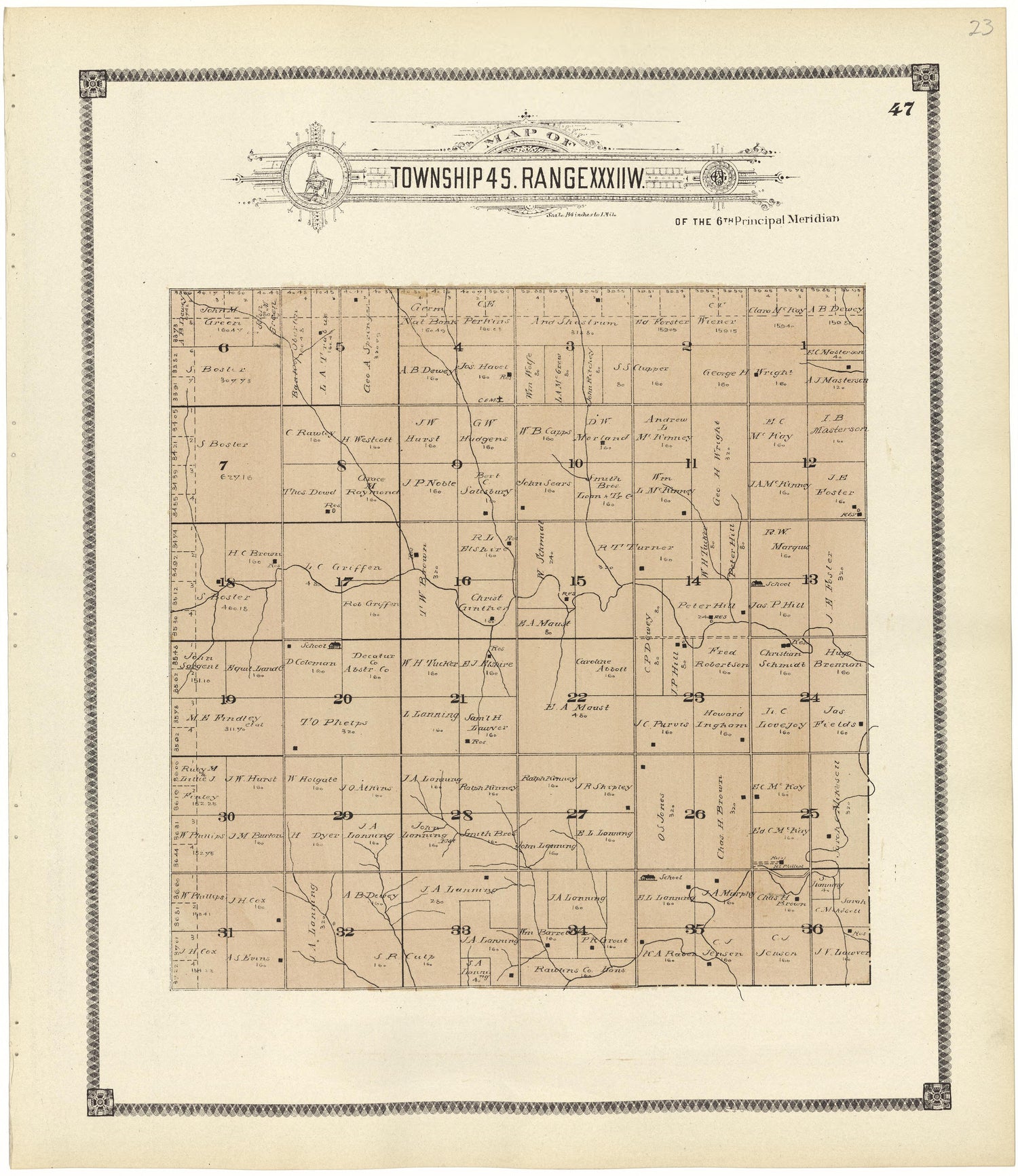 Map of Township 4 S. Range XXXII W. from Standard Atlas of Rawlins County, Kansas : Including a Plat Book of the Villages, Cities and Townships of the County, Map of the State, United States and World, Patrons Directory, Reference Business … 1906 by Relic Map Company