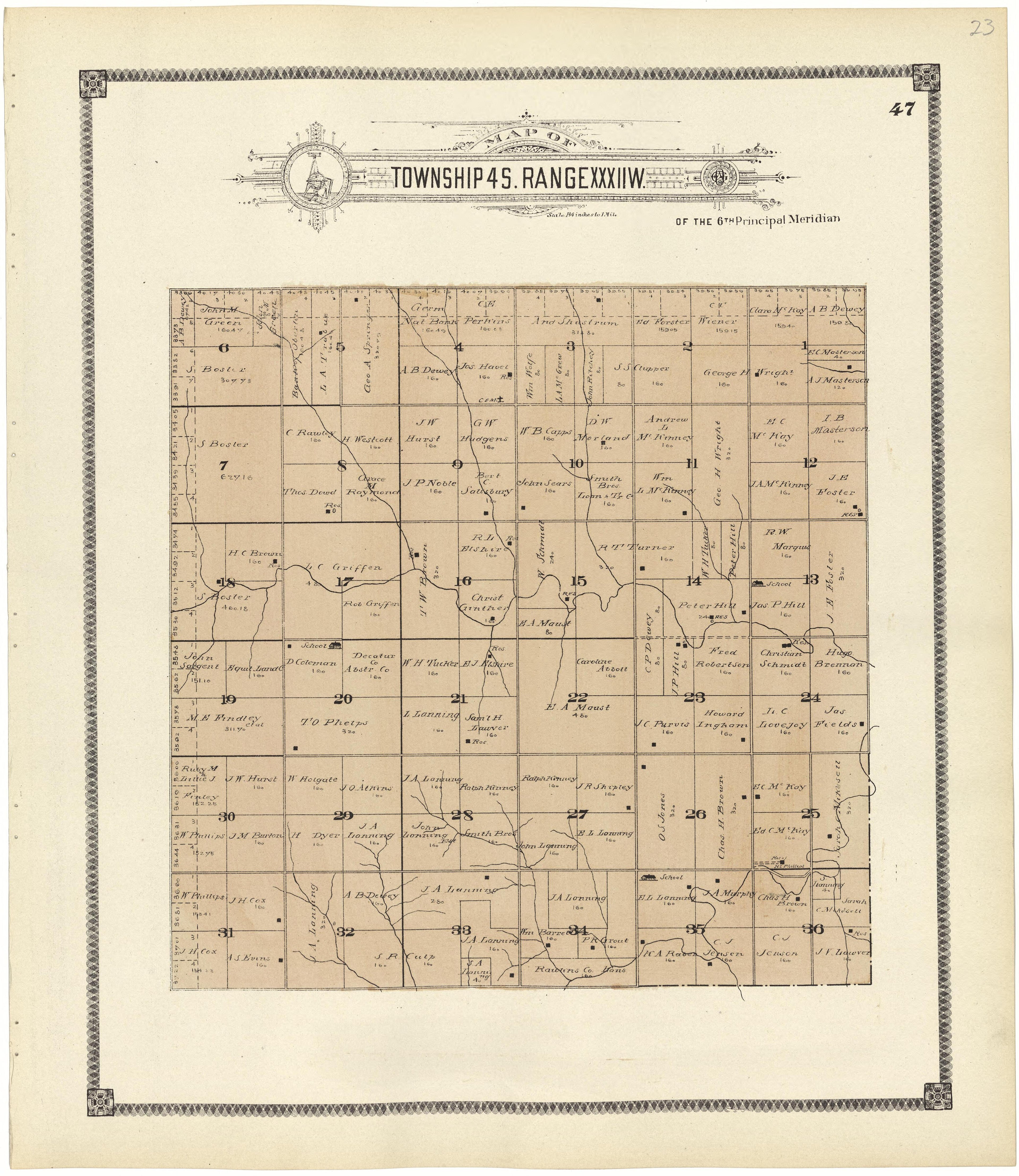 Map of Township 4 S. Range XXXII W. from Standard Atlas of Rawlins County, Kansas : Including a Plat Book of the Villages, Cities and Townships of the County, Map of the State, United States and World, Patrons Directory, Reference Business … 1906 by Relic Map Company