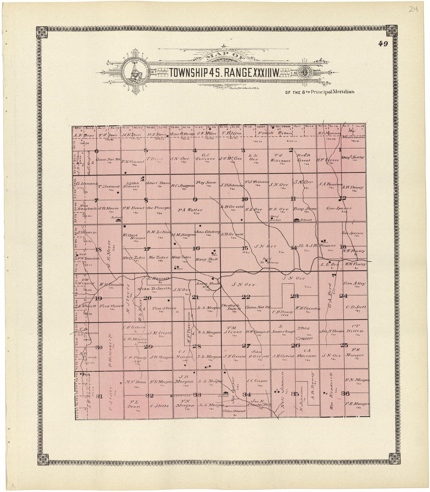 Map of Township 4 S. Range XXXIII W. from Standard Atlas of Rawlins County, Kansas : Including a Plat Book of the Villages, Cities and Townships of the County, Map of the State, United States and World, Patrons Directory, Reference Business … 1906 by Relic Map Company