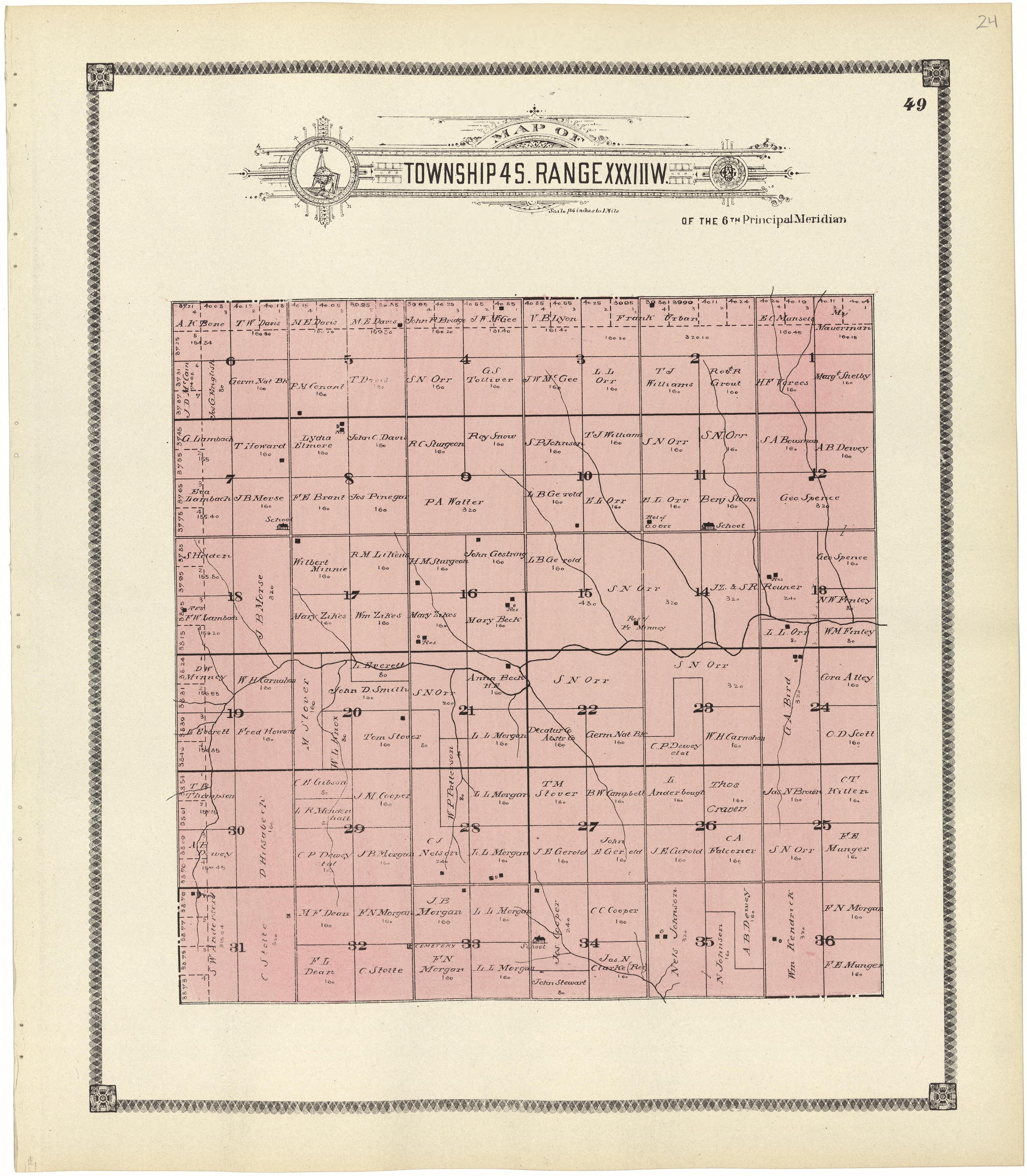 Map of Township 4 S. Range XXXIII W. from Standard Atlas of Rawlins County, Kansas : Including a Plat Book of the Villages, Cities and Townships of the County, Map of the State, United States and World, Patrons Directory, Reference Business … 1906 by Relic Map Company