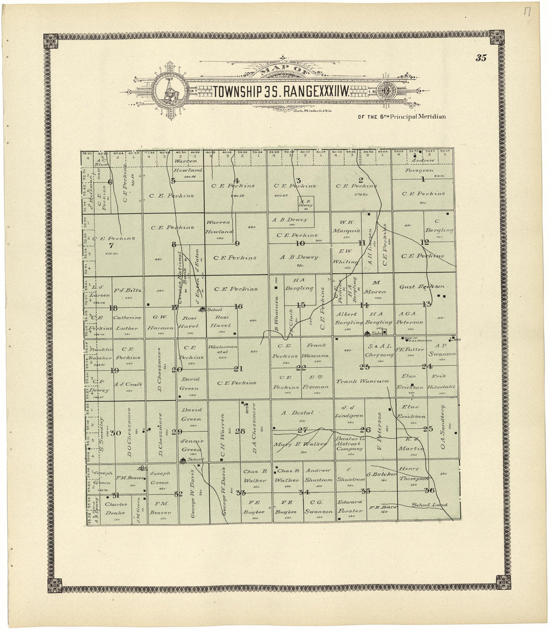 Map of Township 3 S. Range XXXII W. from Standard Atlas of Rawlins County, Kansas : Including a Plat Book of the Villages, Cities and Townships of the County, Map of the State, United States and World, Patrons Directory, Reference Business … 1906 by Relic Map Company