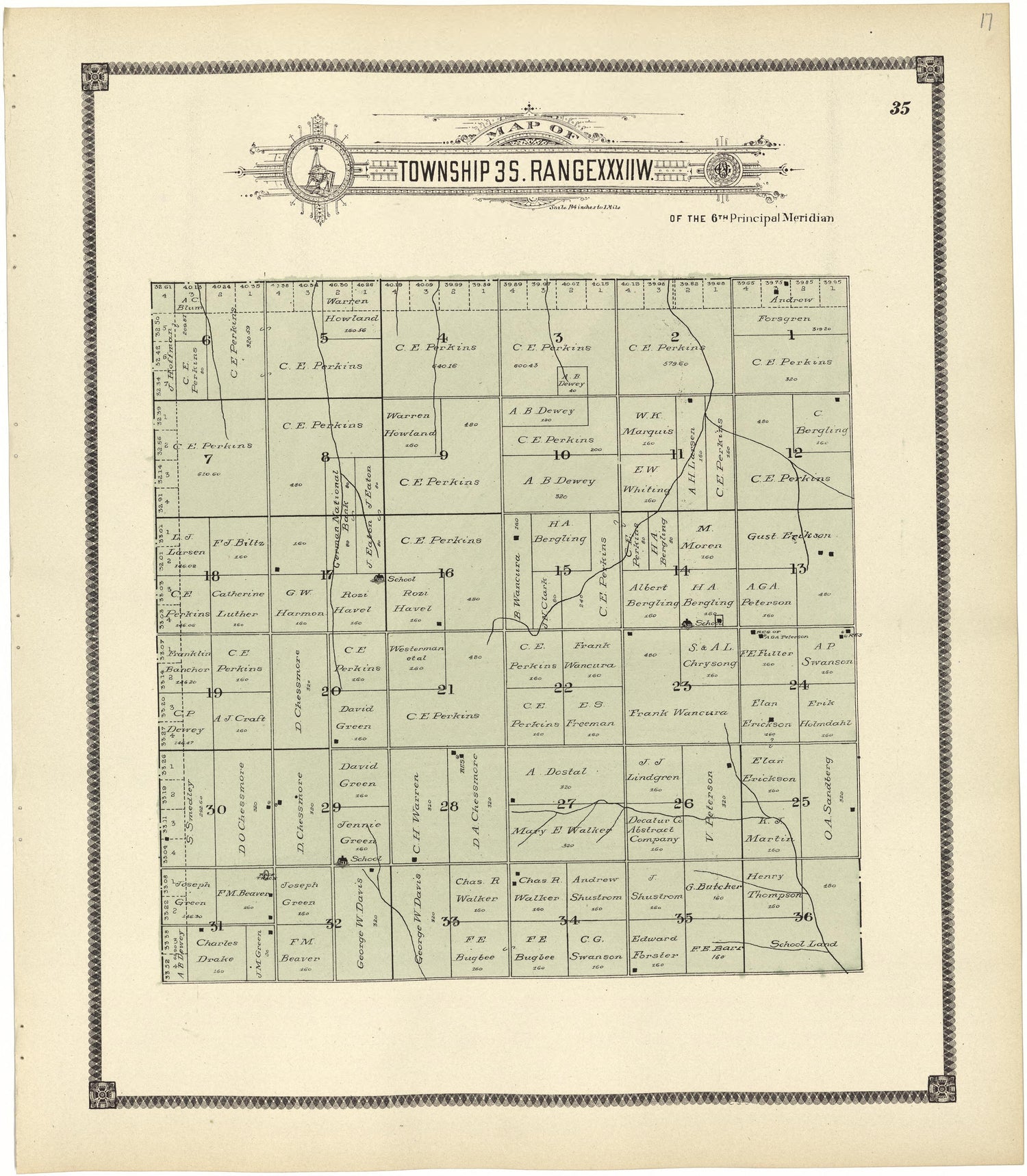Map of Township 3 S. Range XXXII W. from Standard Atlas of Rawlins County, Kansas : Including a Plat Book of the Villages, Cities and Townships of the County, Map of the State, United States and World, Patrons Directory, Reference Business … 1906 by Relic Map Company