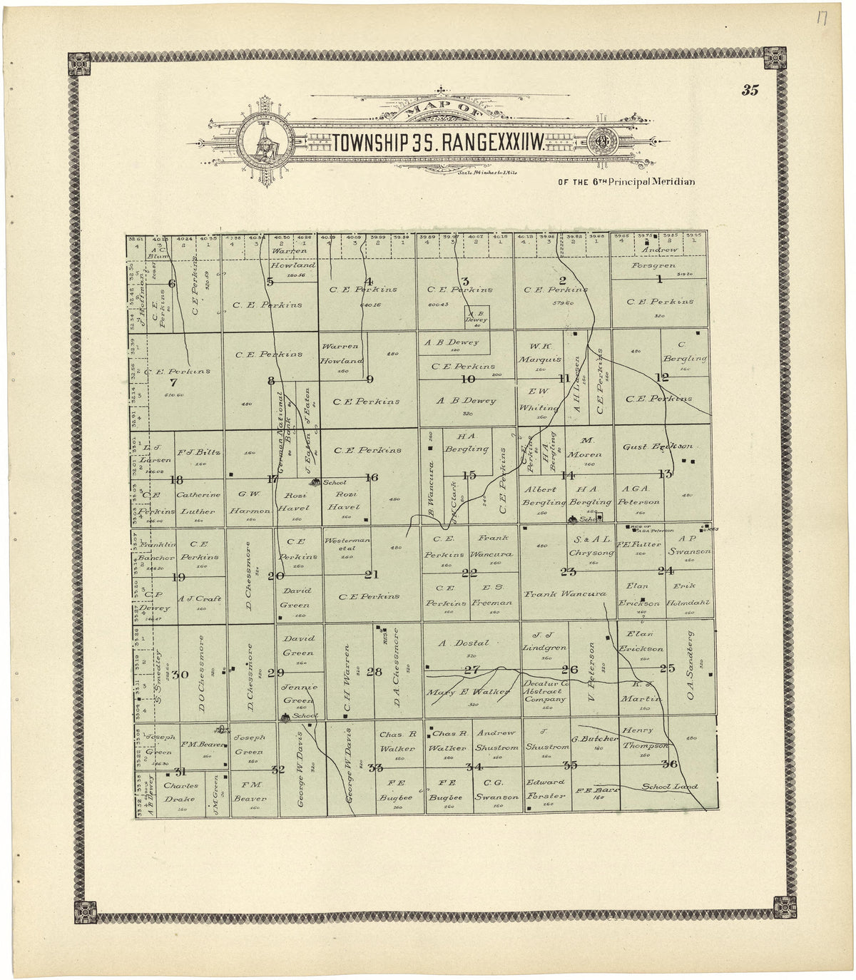 Map of Township 3 S. Range XXXII W. from Standard Atlas of Rawlins County, Kansas : Including a Plat Book of the Villages, Cities and Townships of the County, Map of the State, United States and World, Patrons Directory, Reference Business … 1906 by Relic Map Company
