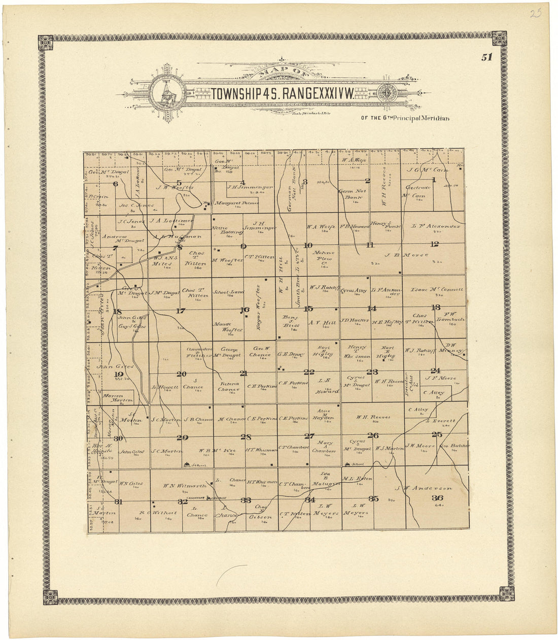 Map of Township 4 S. Range XXXIV W. from Standard Atlas of Rawlins County, Kansas : Including a Plat Book of the Villages, Cities and Townships of the County, Map of the State, United States and World, Patrons Directory, Reference Business … 1906 by Relic Map Company
