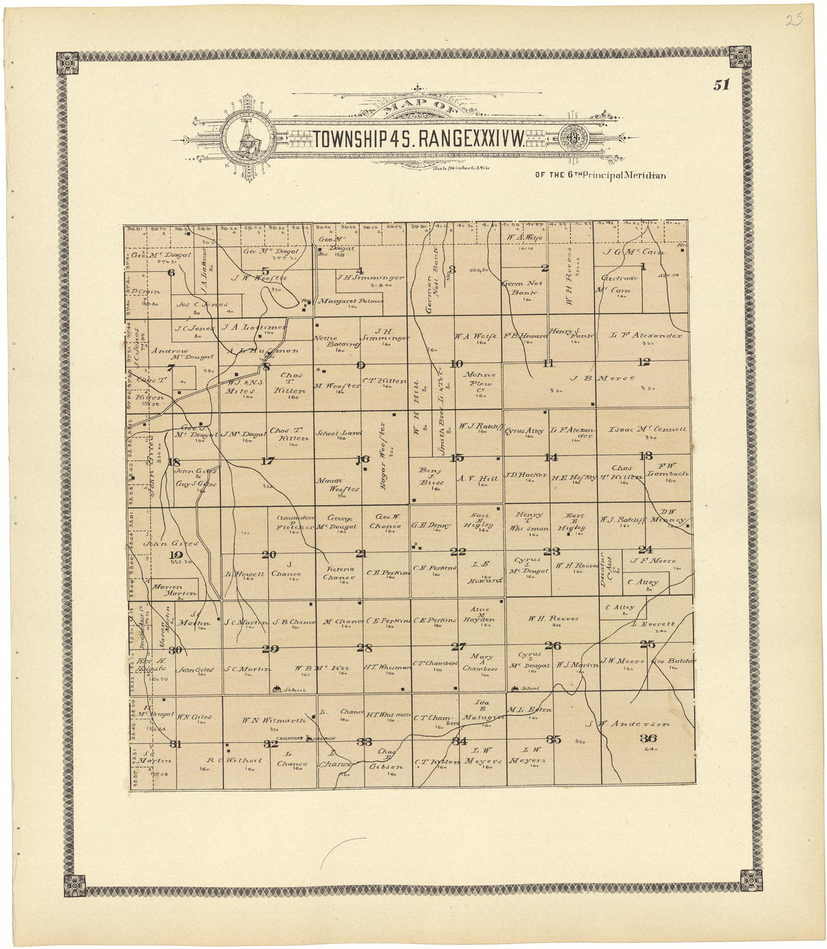 Map of Township 4 S. Range XXXIV W. from Standard Atlas of Rawlins County, Kansas : Including a Plat Book of the Villages, Cities and Townships of the County, Map of the State, United States and World, Patrons Directory, Reference Business … 1906 by Relic Map Company