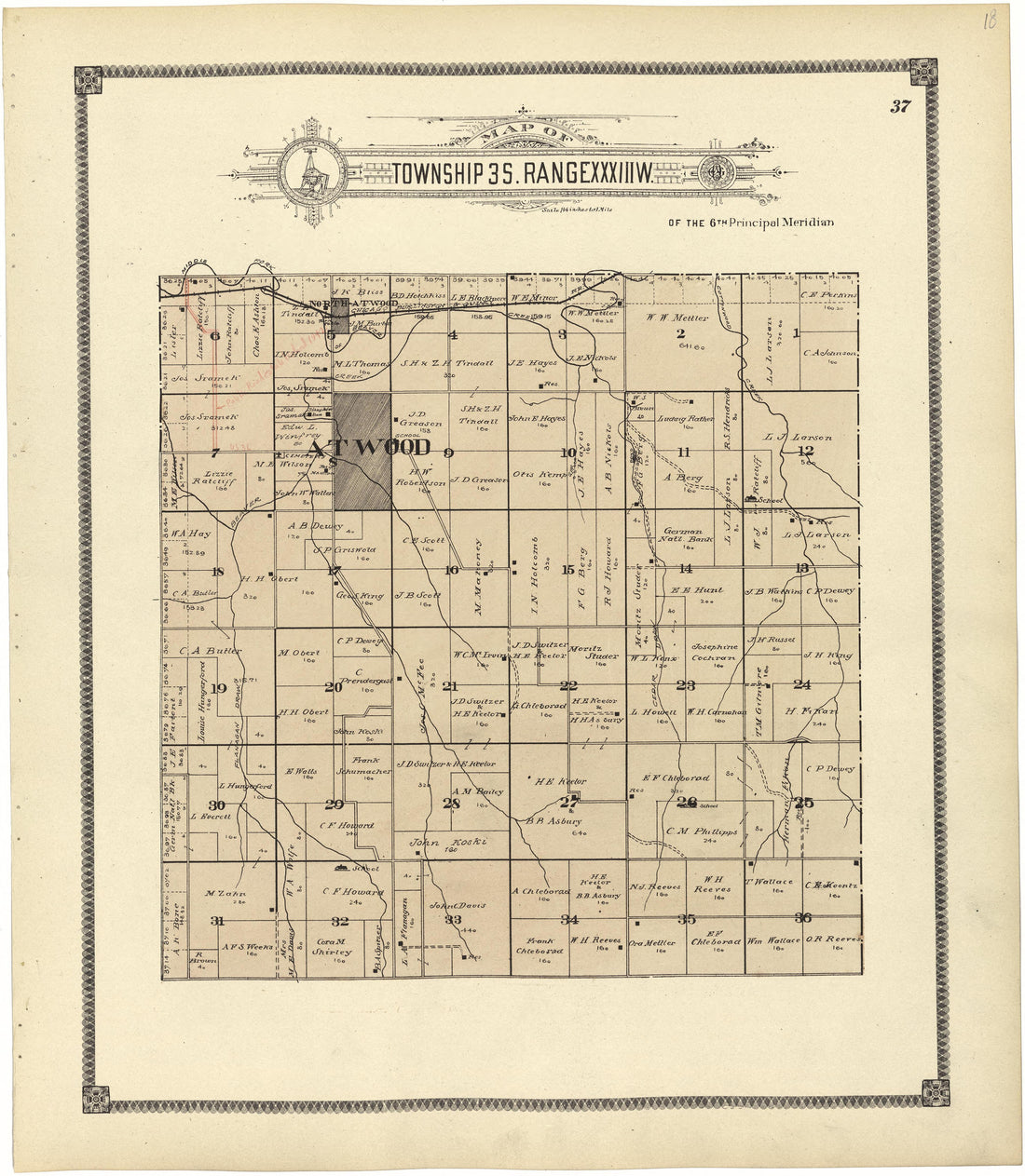 Map of Township 3 S. Range XXXIII W. from Standard Atlas of Rawlins County, Kansas : Including a Plat Book of the Villages, Cities and Townships of the County, Map of the State, United States and World, Patrons Directory, Reference Business … 1906 by Relic Map Company