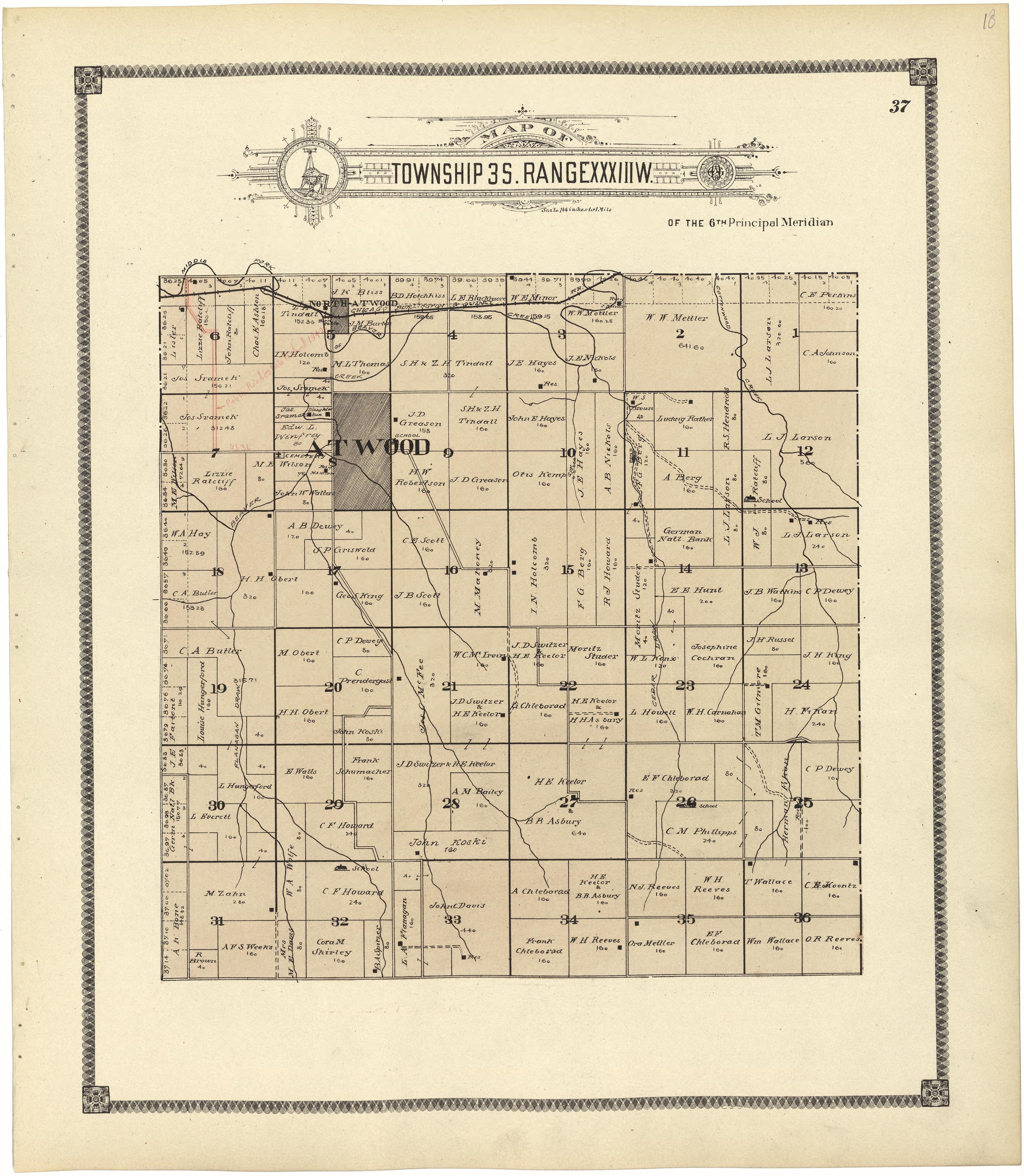 Map of Township 3 S. Range XXXIII W. from Standard Atlas of Rawlins County, Kansas : Including a Plat Book of the Villages, Cities and Townships of the County, Map of the State, United States and World, Patrons Directory, Reference Business … 1906 by Relic Map Company