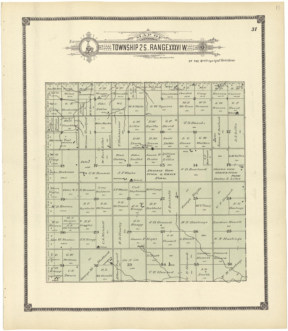 Map of Township 2 S. Range XXXVI W. from Standard Atlas of Rawlins County, Kansas : Including a Plat Book of the Villages, Cities and Townships of the County, Map of the State, United States and World, Patrons Directory, Reference Business … 1906 by Relic Map Company