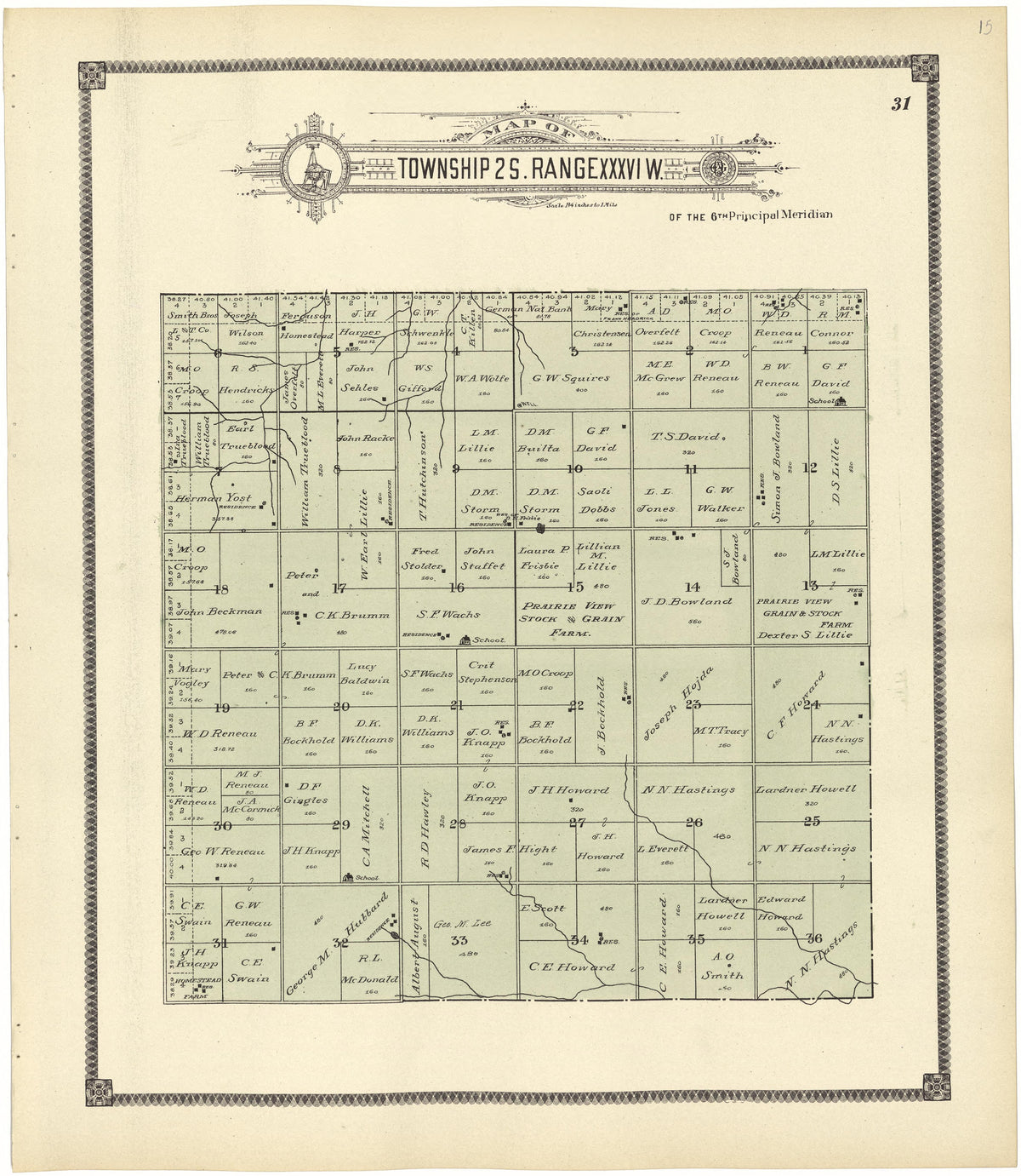Map of Township 2 S. Range XXXVI W. from Standard Atlas of Rawlins County, Kansas : Including a Plat Book of the Villages, Cities and Townships of the County, Map of the State, United States and World, Patrons Directory, Reference Business … 1906 by Relic Map Company