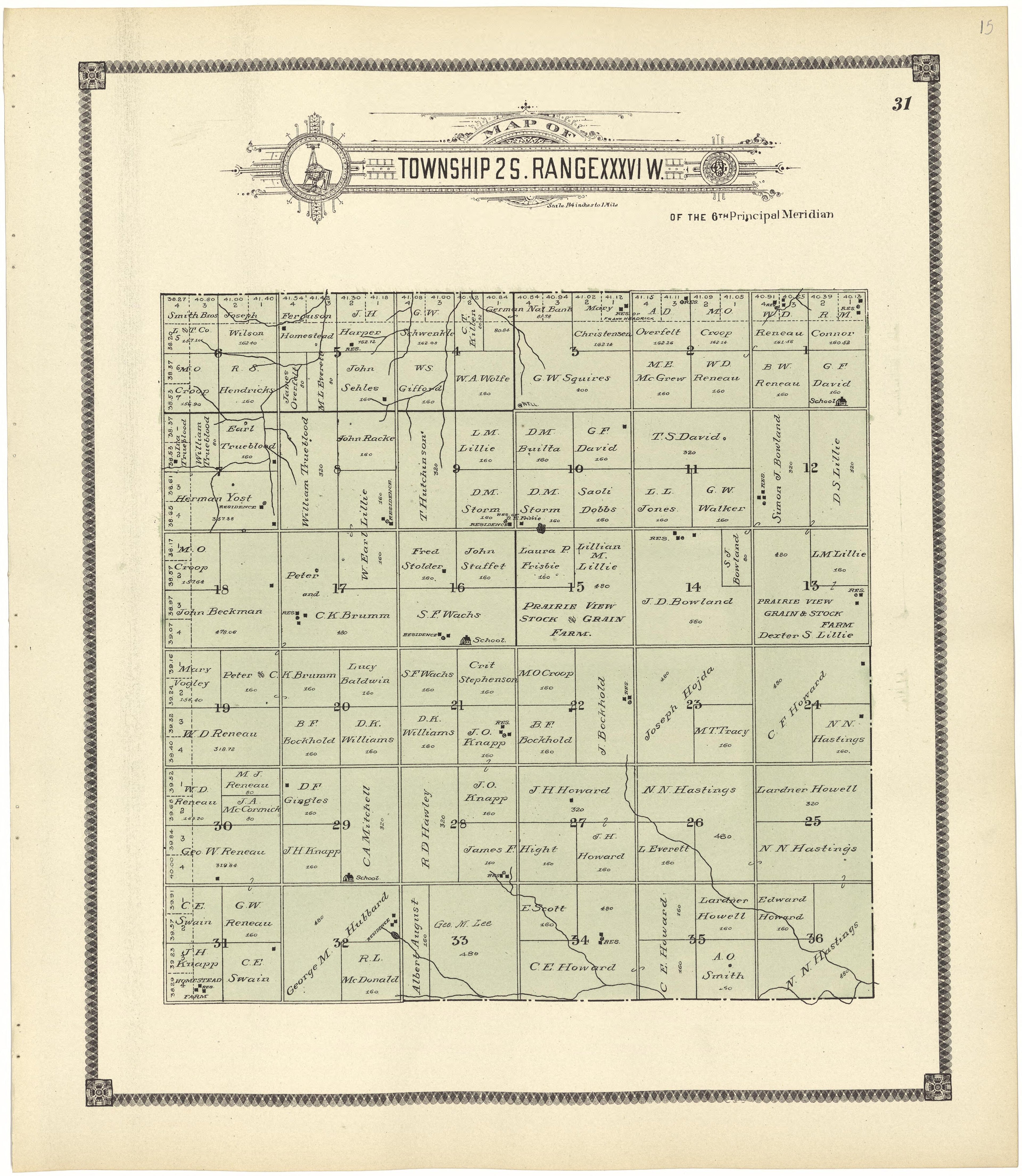 Map of Township 2 S. Range XXXVI W. from Standard Atlas of Rawlins County, Kansas : Including a Plat Book of the Villages, Cities and Townships of the County, Map of the State, United States and World, Patrons Directory, Reference Business … 1906 by Relic Map Company