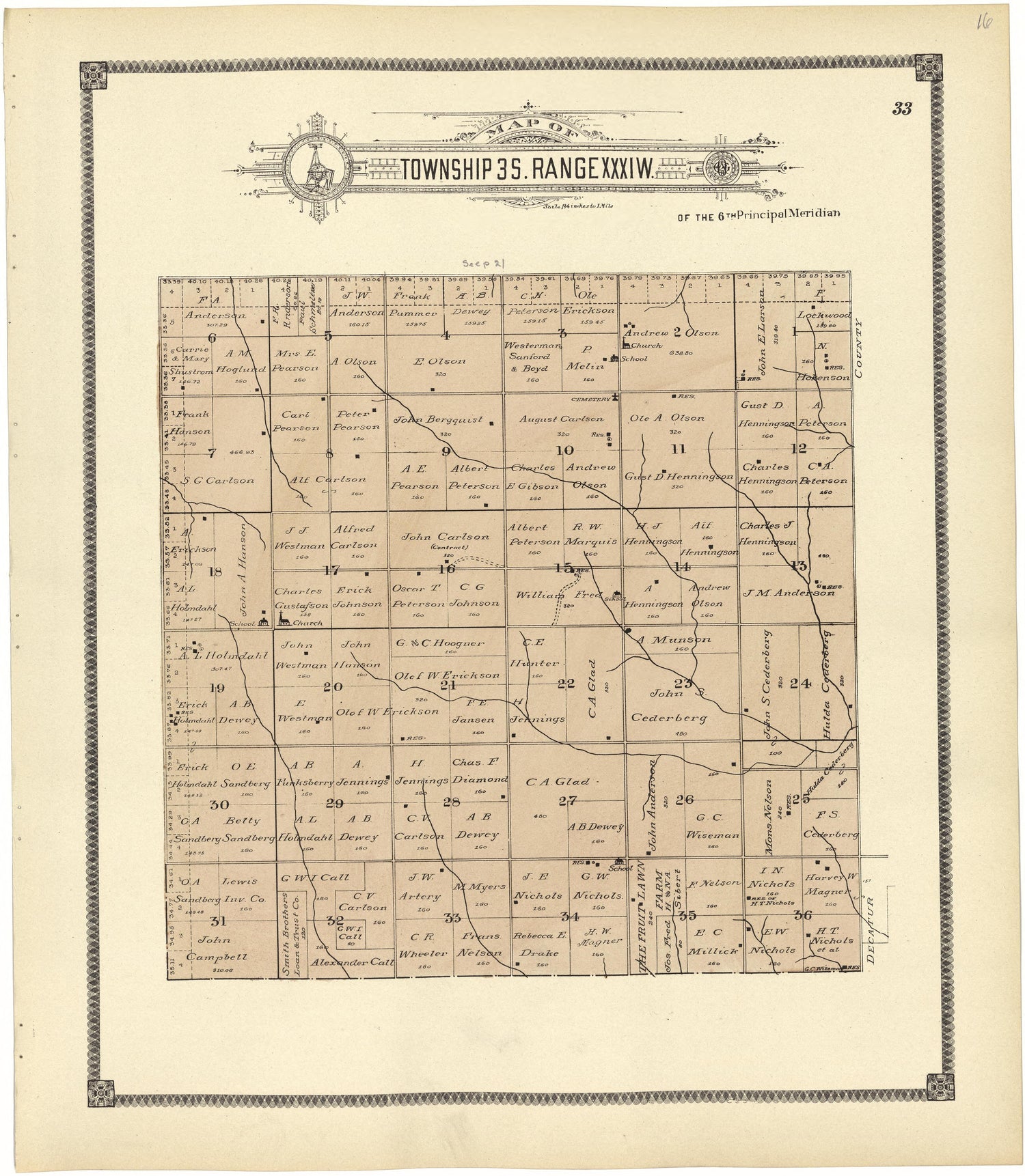 Map of Township 3 S. Range XXXI W. from Standard Atlas of Rawlins County, Kansas : Including a Plat Book of the Villages, Cities and Townships of the County, Map of the State, United States and World, Patrons Directory, Reference Business … 1906 by Relic Map Company